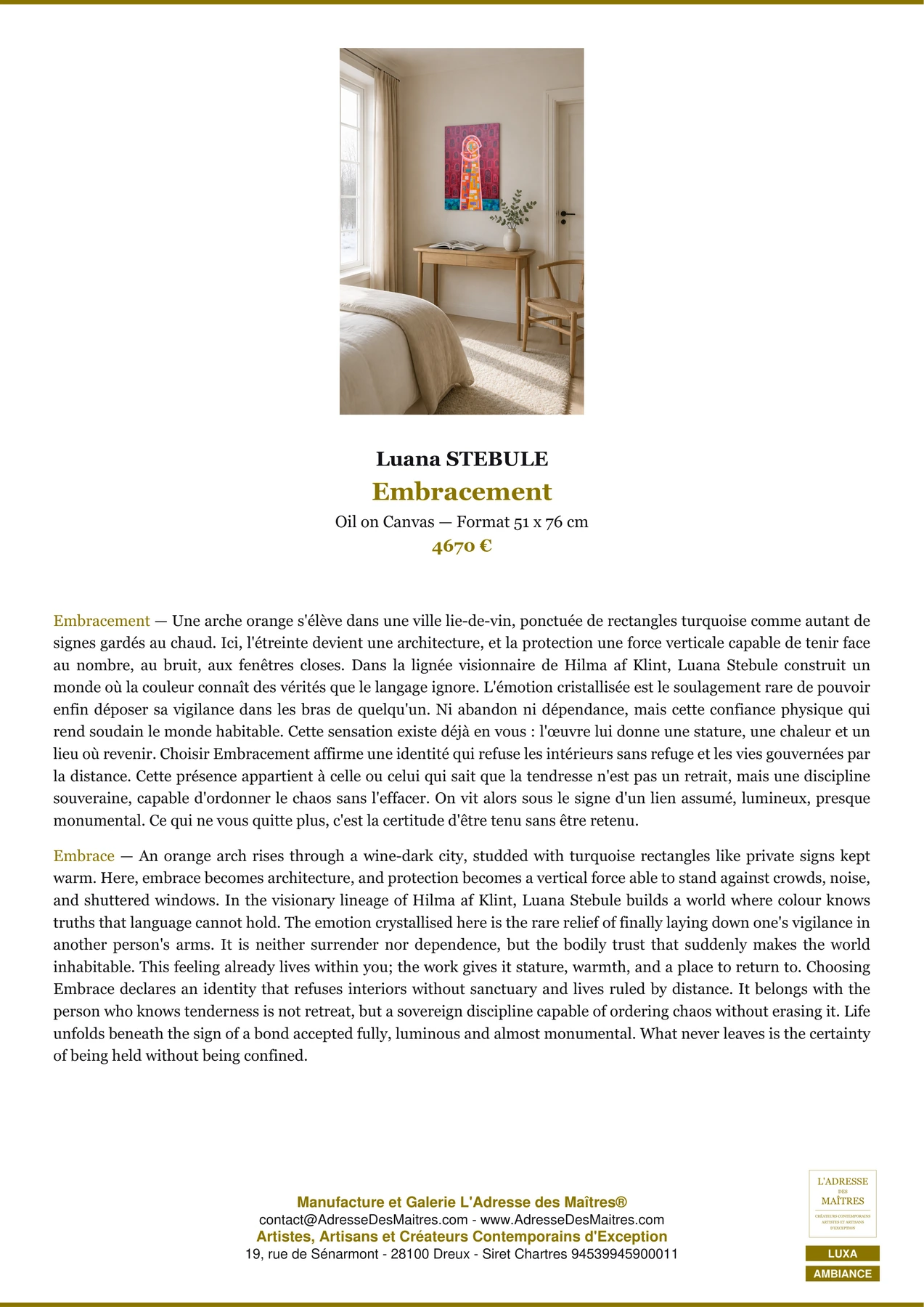Fiche Premium Ambiance - Embracement - Luana STEBULE - L'Adresse des Maîtres®