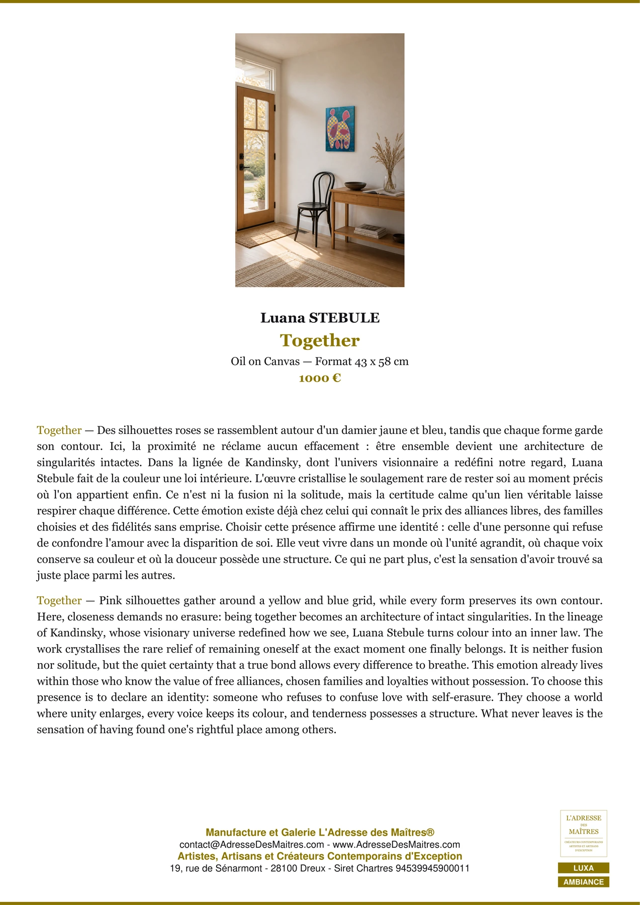 Fiche Premium Ambiance - Together - Luana STEBULE - L'Adresse des Maîtres®