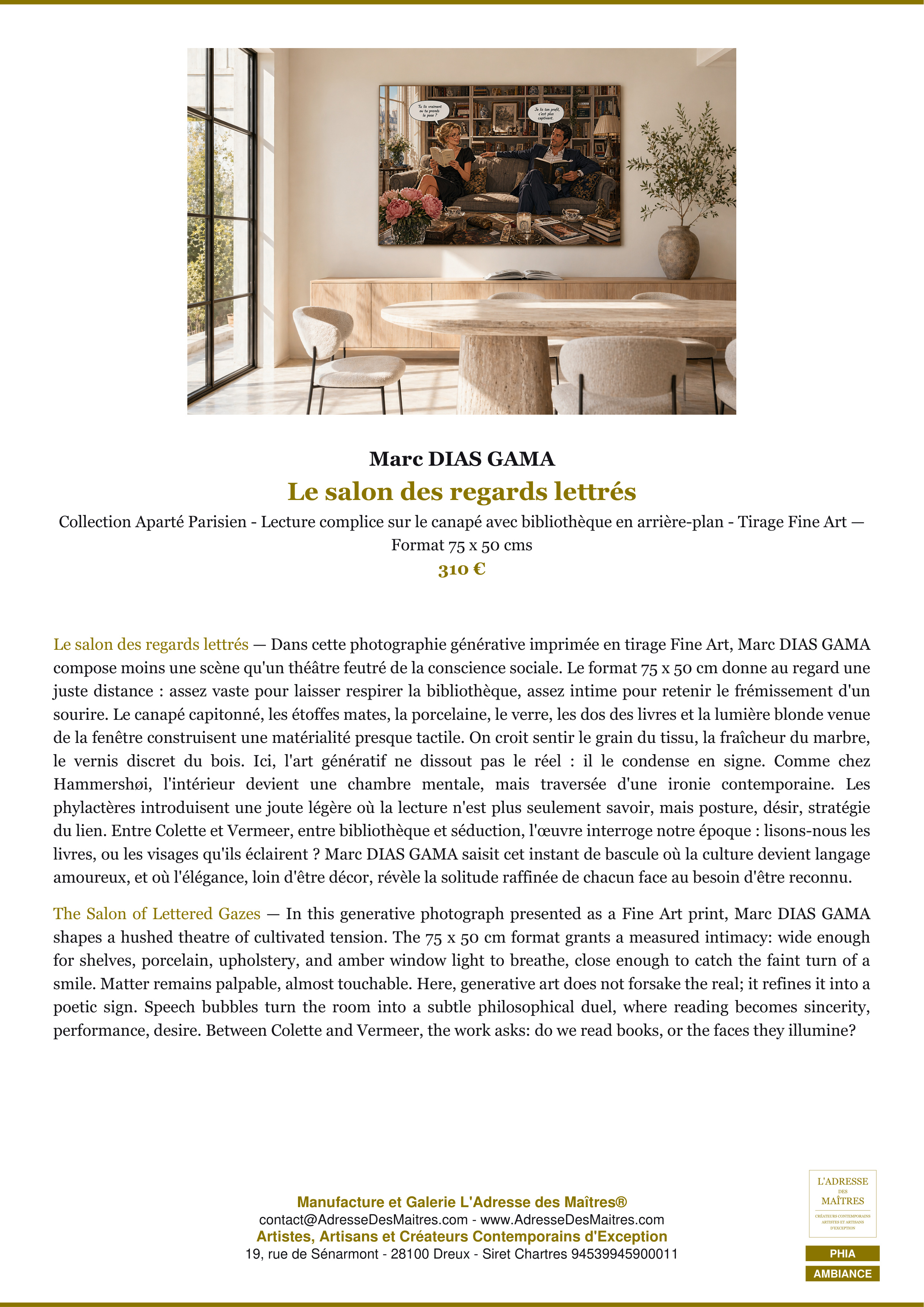 Fiche Premium Ambiance — Le salon des regards lettrés — Marc DIAS GAMA — L'Adresse des Maîtres®