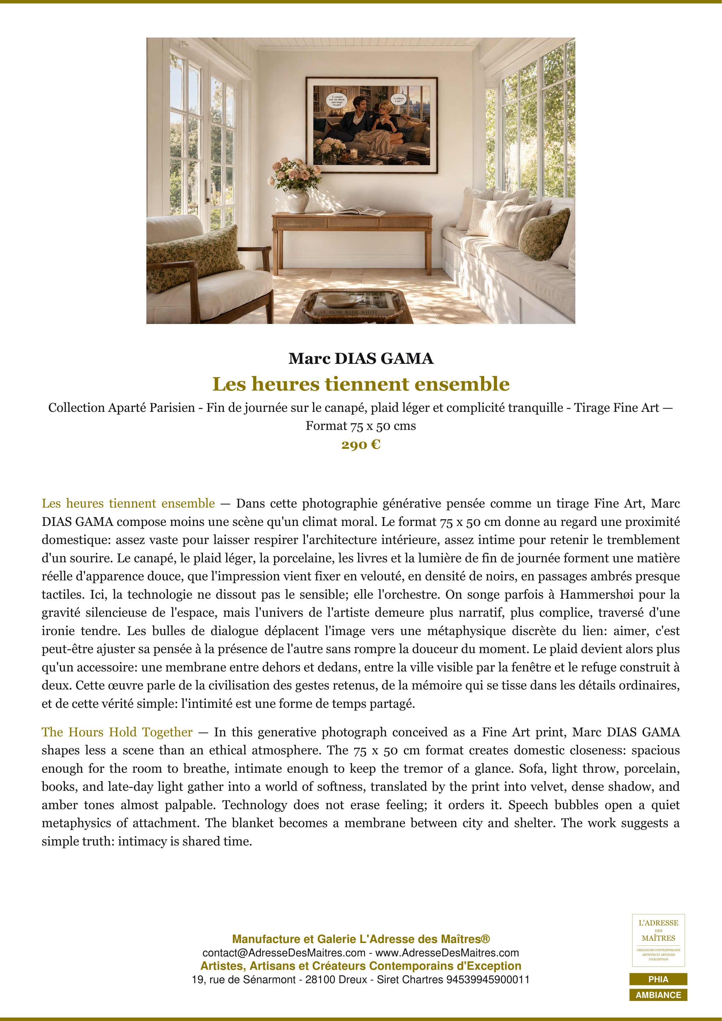 Fiche Premium Ambiance — Les heures tiennent ensemble — Marc DIAS GAMA — L'Adresse des Maîtres®
