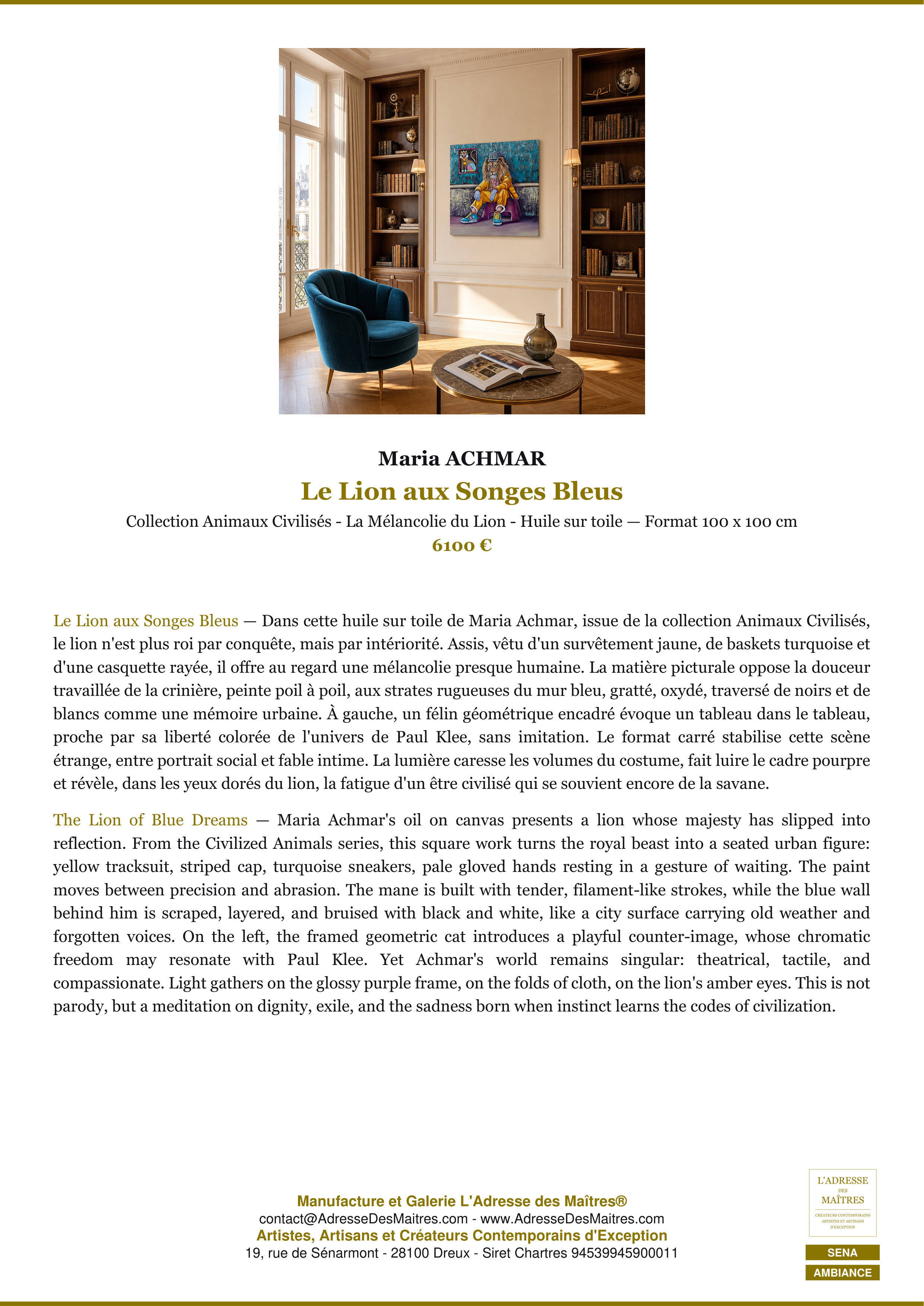 Fiche Premium Ambiance — Le Lion aux Songes Bleus — Maria ACHMAR — L'Adresse des Maîtres®