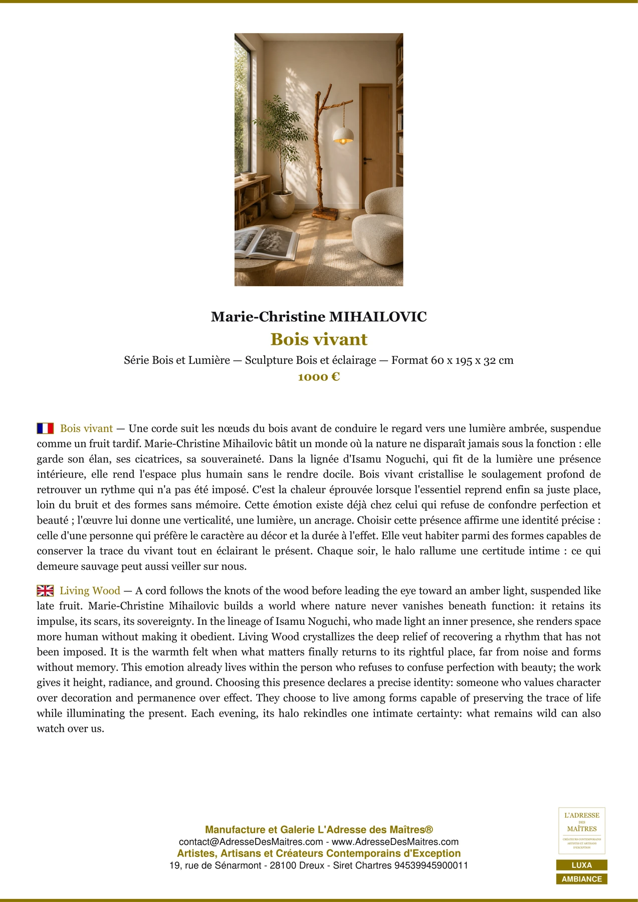 Fiche Premium Ambiance - Bois vivant - Marie-Christine MIHAILOVIC - L'Adresse des Maîtres®