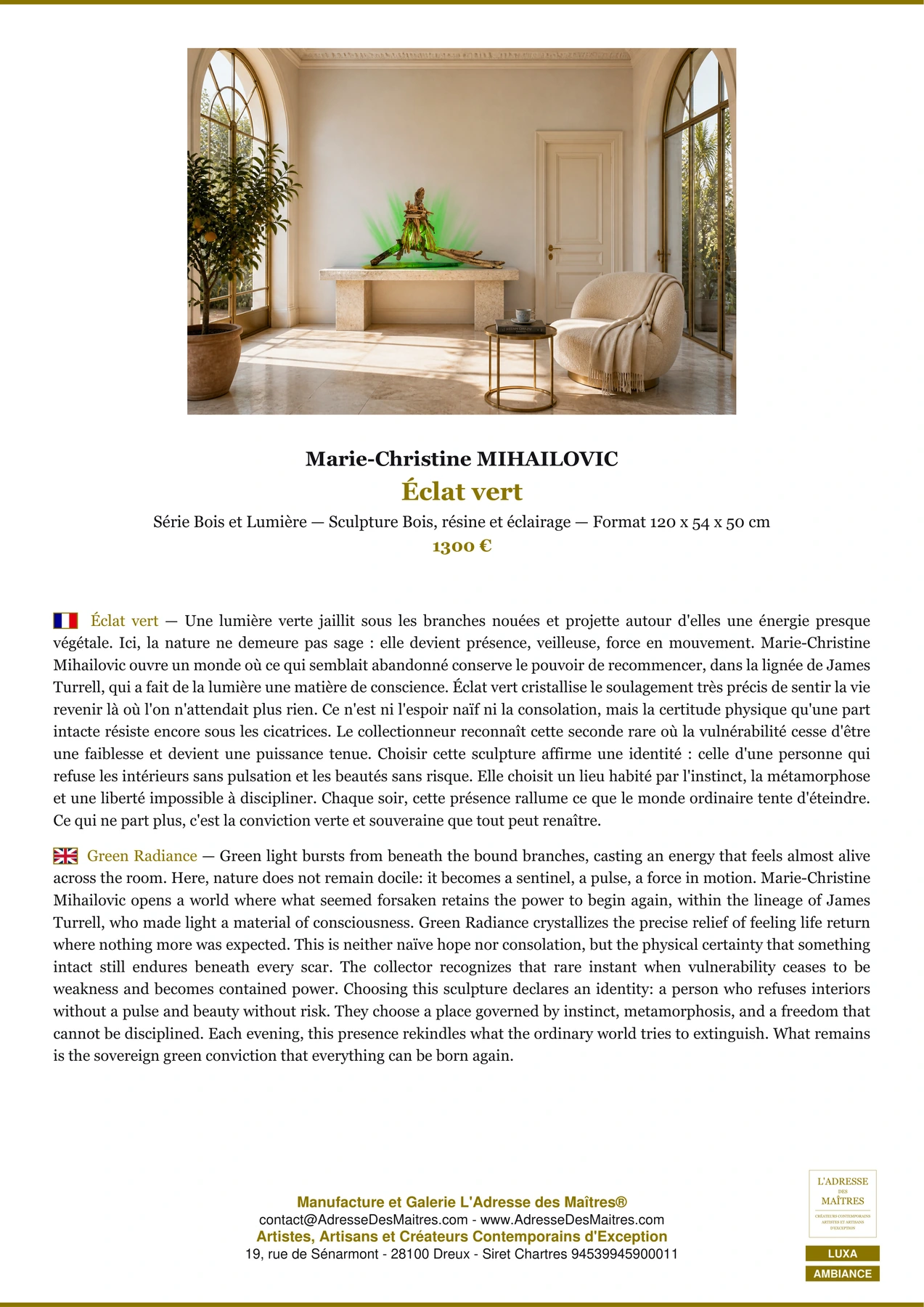 Fiche Premium Ambiance - Éclat vert - Marie-Christine MIHAILOVIC - L'Adresse des Maîtres®