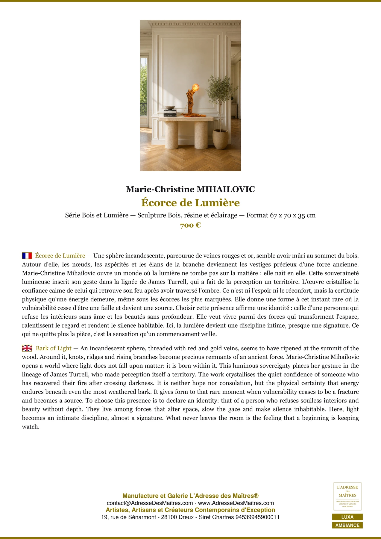 Fiche Premium Ambiance - Écorce de Lumière - Marie-Christine MIHAILOVIC - L'Adresse des Maîtres®