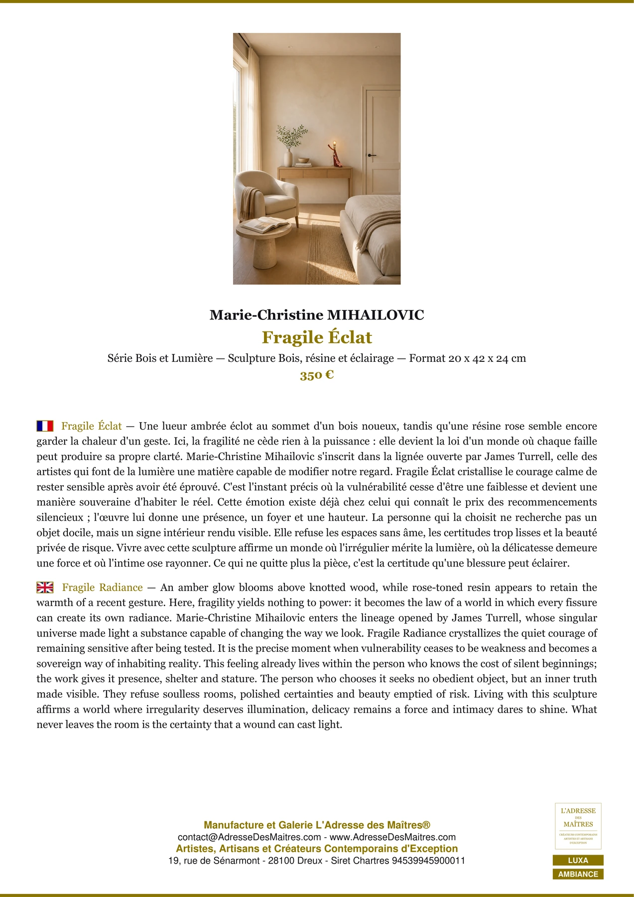 Fiche Premium Ambiance - Fragile Éclat - Marie-Christine MIHAILOVIC - L'Adresse des Maîtres®