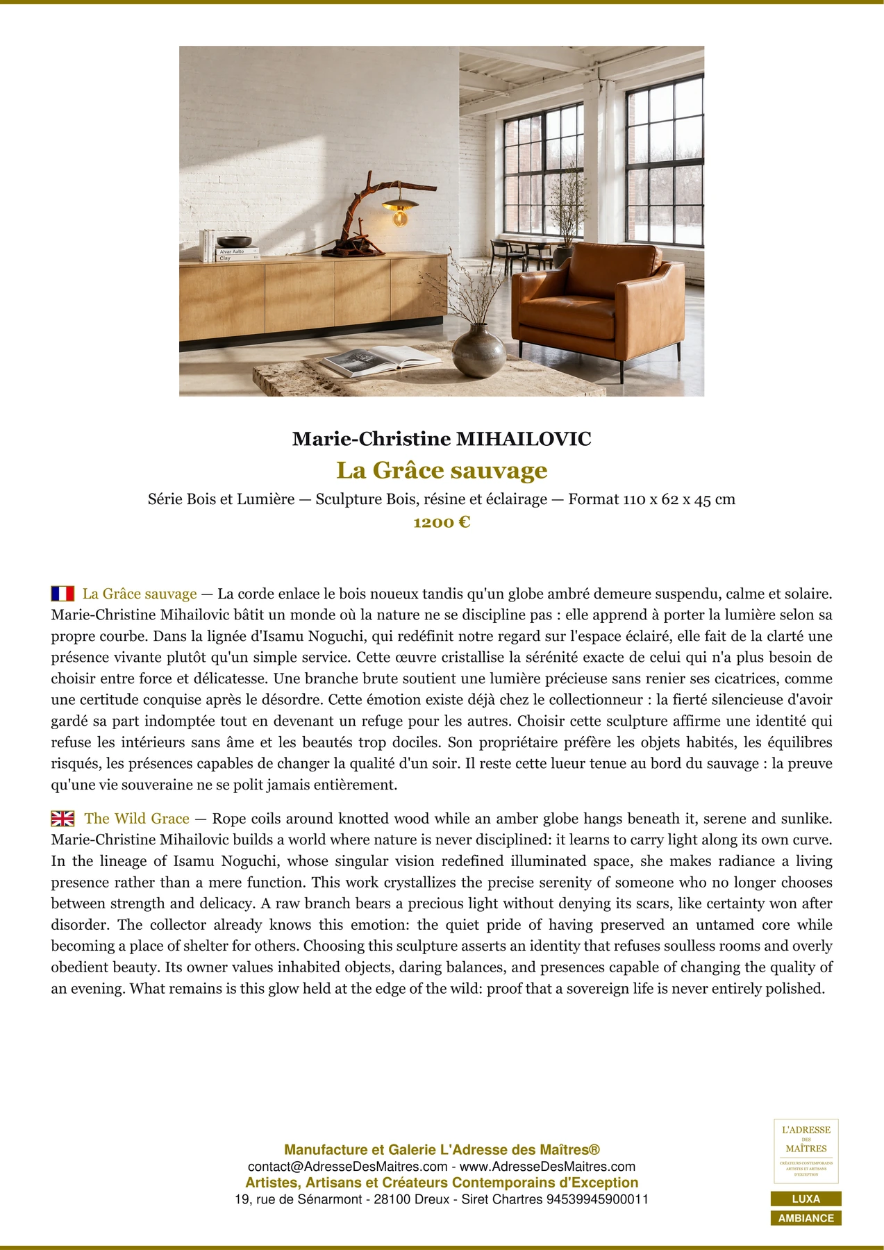 Fiche Premium Ambiance - La Grâce sauvage - Marie-Christine MIHAILOVIC - L'Adresse des Maîtres®