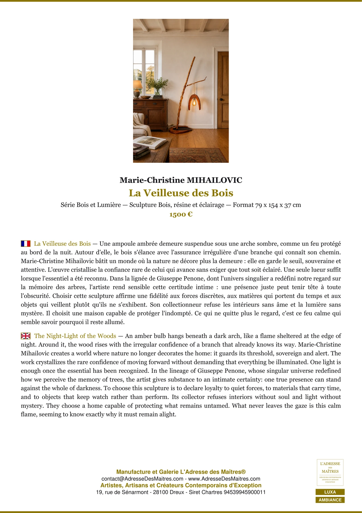 Fiche Premium Ambiance - La Veilleuse des Bois - Marie-Christine MIHAILOVIC - L'Adresse des Maîtres®