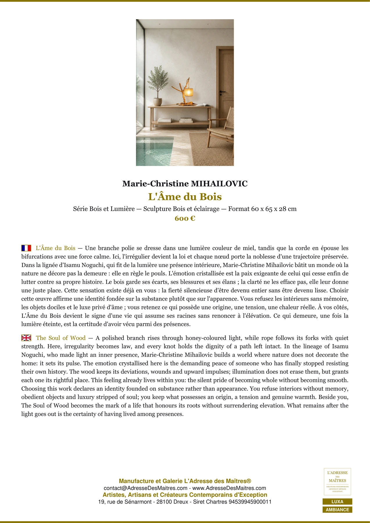 Fiche Premium Ambiance - L'Âme du Bois - Marie-Christine MIHAILOVIC - L'Adresse des Maîtres®