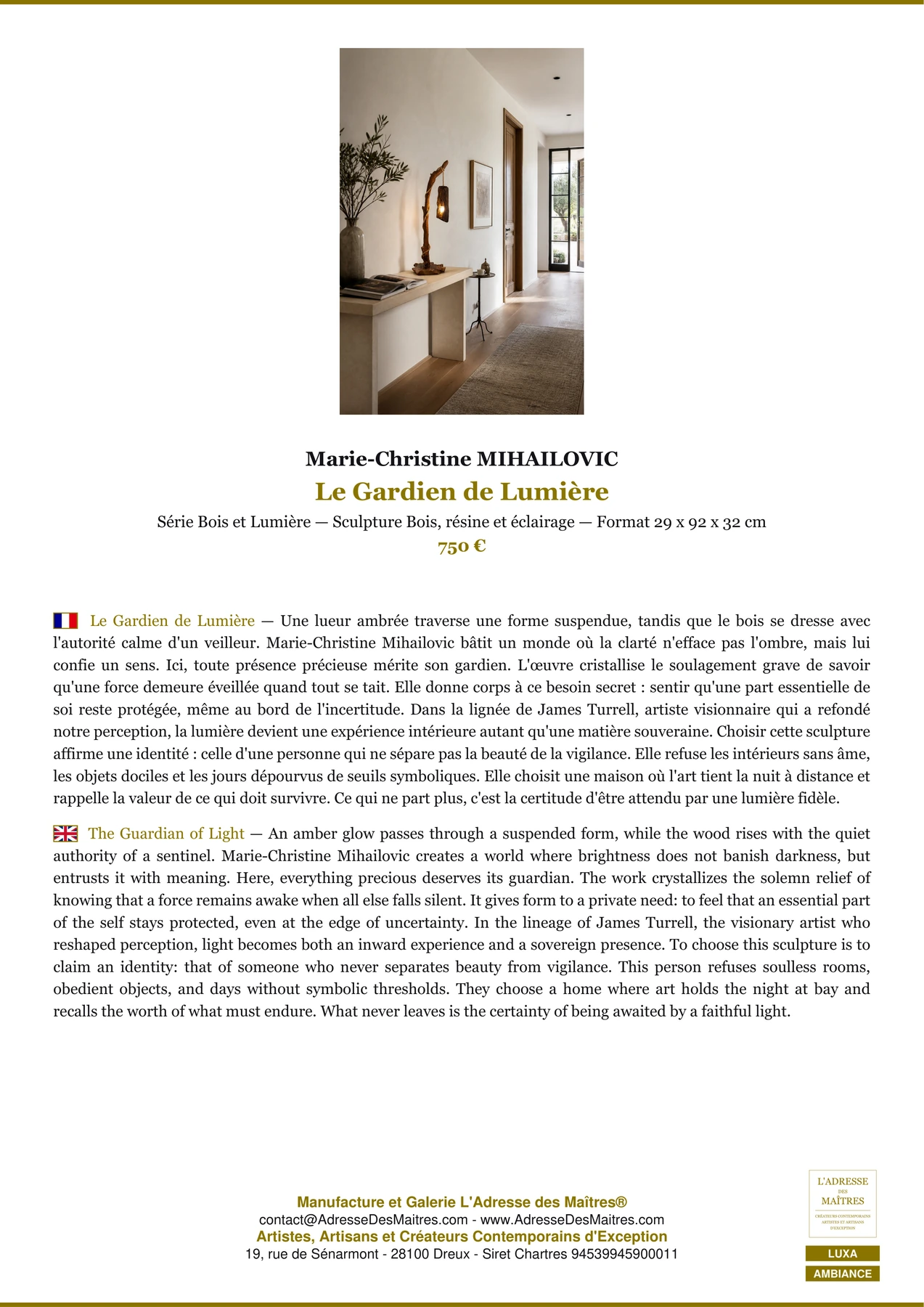 Fiche Premium Ambiance - Le Gardien de Lumière - Marie-Christine MIHAILOVIC - L'Adresse des Maîtres®
