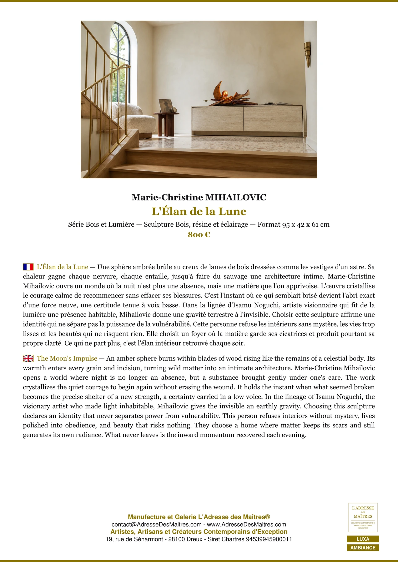 Fiche Premium Ambiance - L'Élan de la Lune - Marie-Christine MIHAILOVIC - L'Adresse des Maîtres®