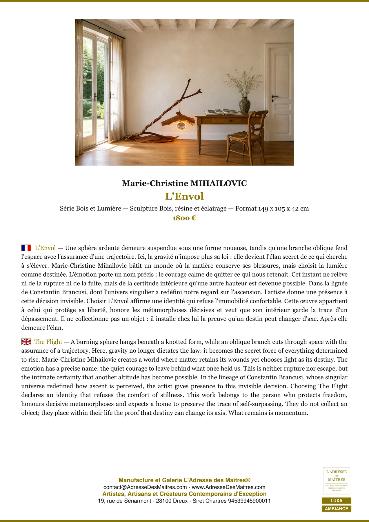 Fiche Premium Ambiance - L'Envol - Marie-Christine MIHAILOVIC - L'Adresse des Maîtres®