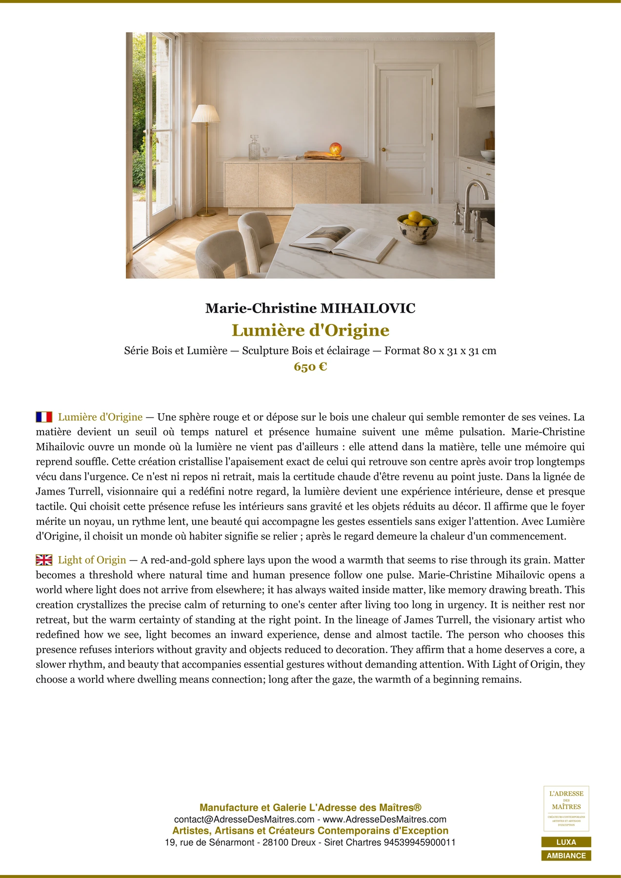 Fiche Premium Ambiance - Lumière d'Origine - Marie-Christine MIHAILOVIC - L'Adresse des Maîtres®