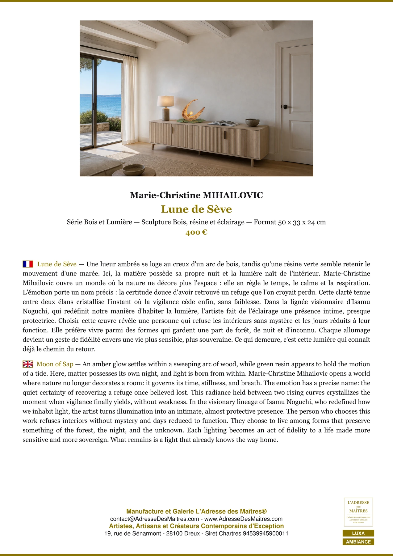Fiche Premium Ambiance - Lune de Sève - Marie-Christine MIHAILOVIC - L'Adresse des Maîtres®