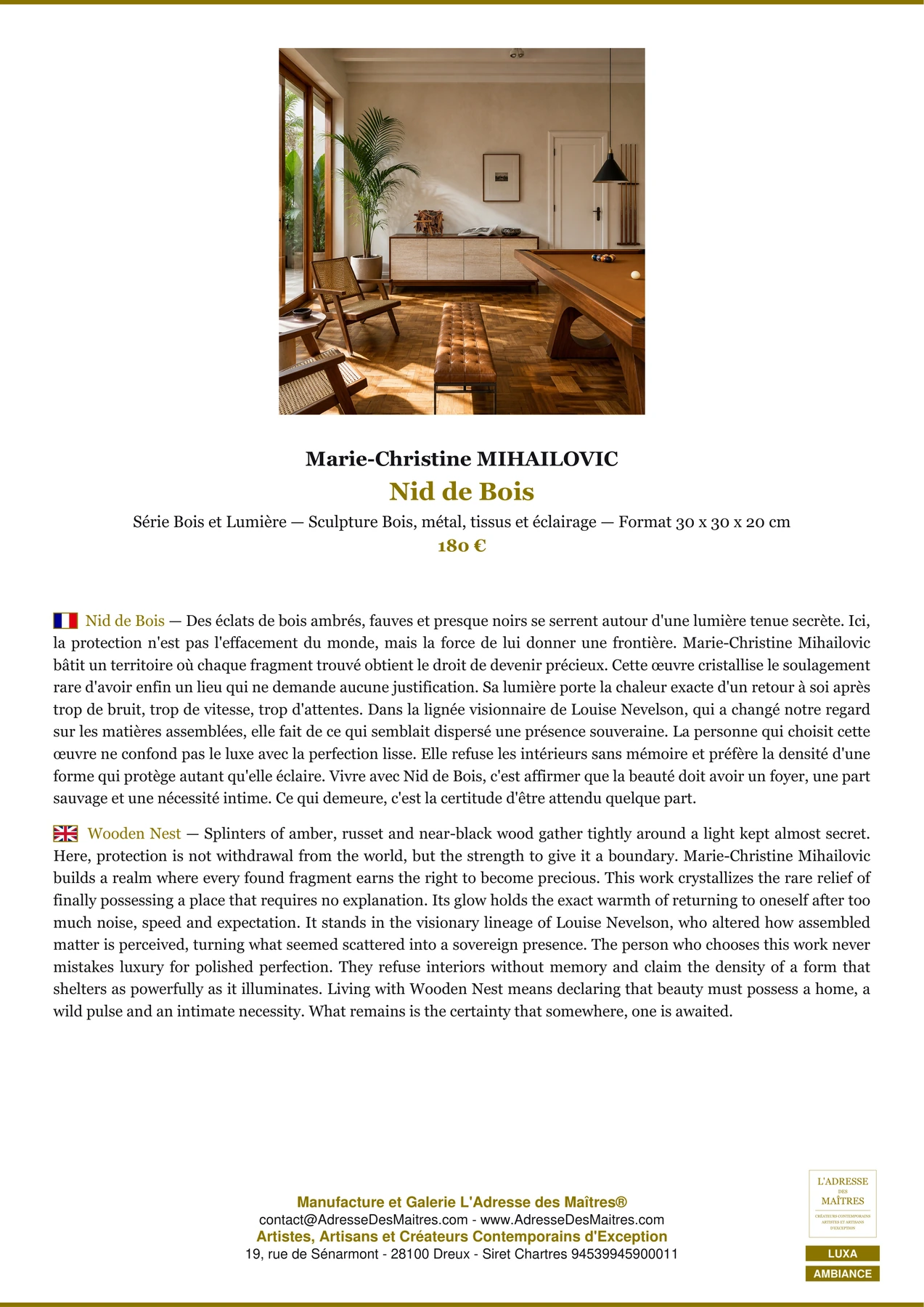 Fiche Premium Ambiance - Nid de Bois - Marie-Christine MIHAILOVIC - L'Adresse des Maîtres®