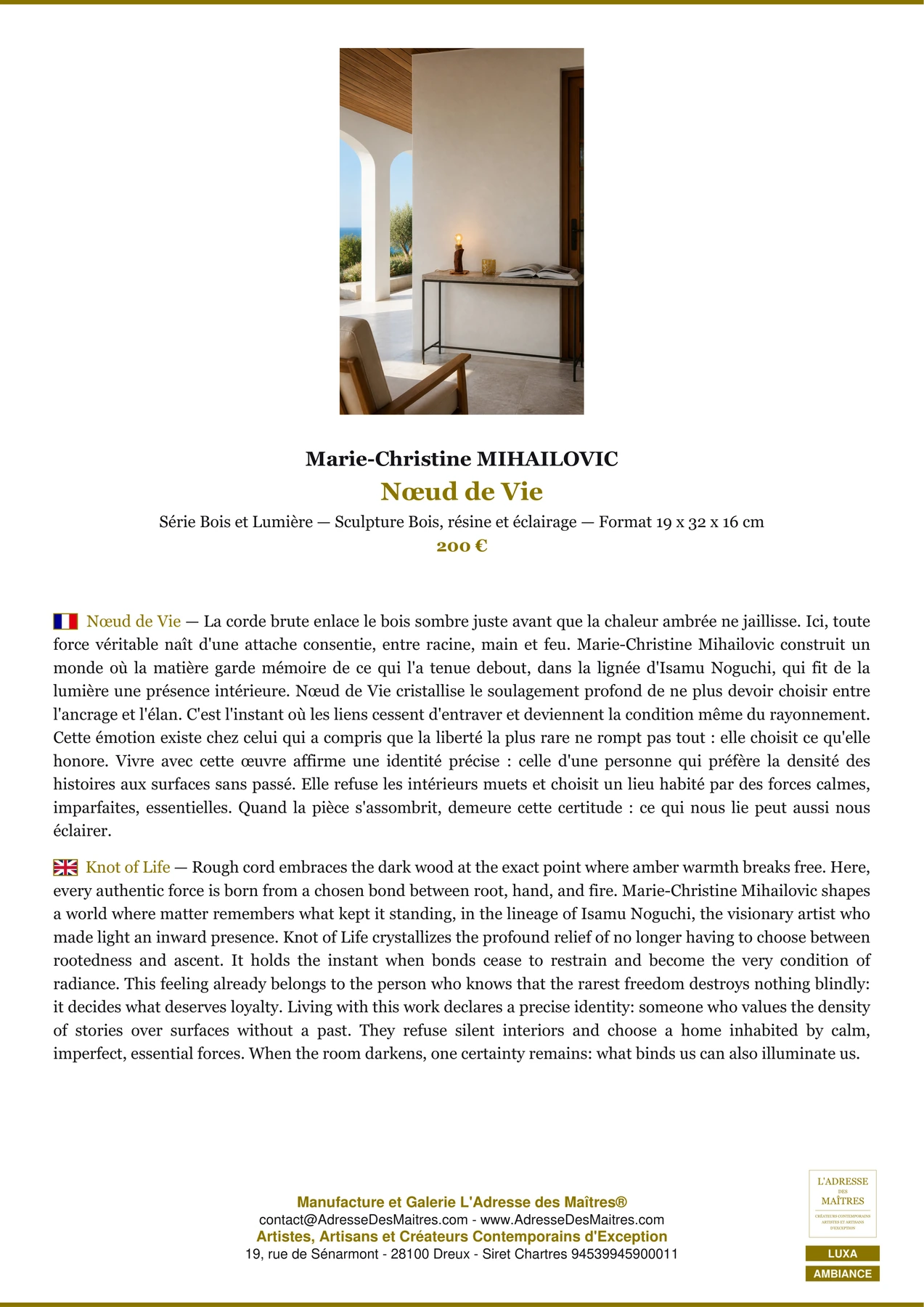 Fiche Premium Ambiance - Nœud de Vie - Marie-Christine MIHAILOVIC - L'Adresse des Maîtres®