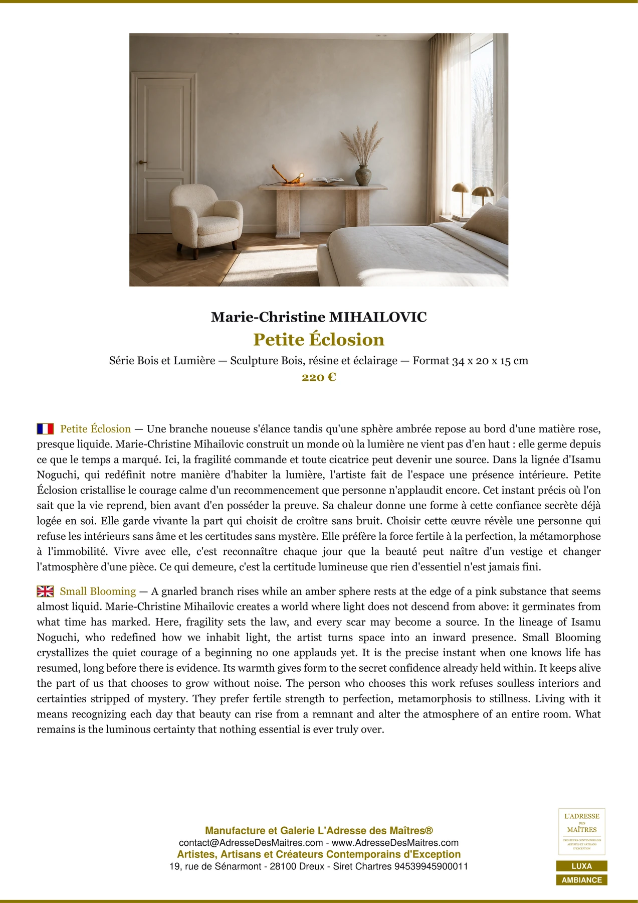 Fiche Premium Ambiance - Petite Éclosion - Marie-Christine MIHAILOVIC - L'Adresse des Maîtres®