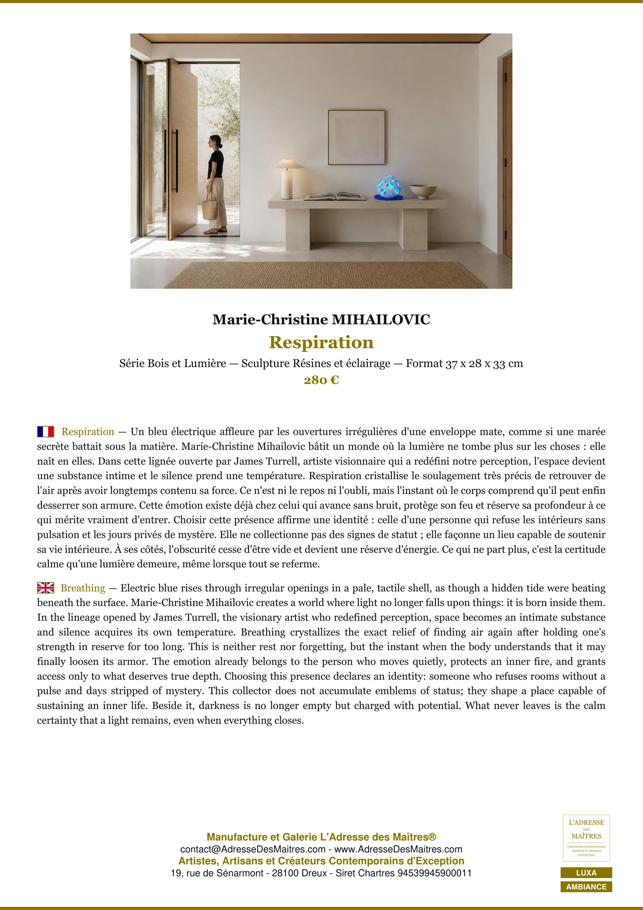 Fiche Premium Ambiance - Respiration - Marie-Christine MIHAILOVIC - L'Adresse des Maîtres®