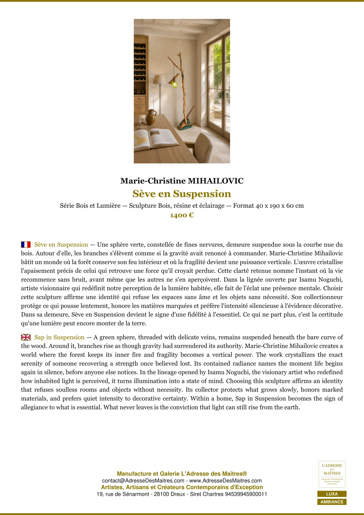 Fiche Premium Ambiance - Sève en Suspension - Marie-Christine MIHAILOVIC - L'Adresse des Maîtres®
