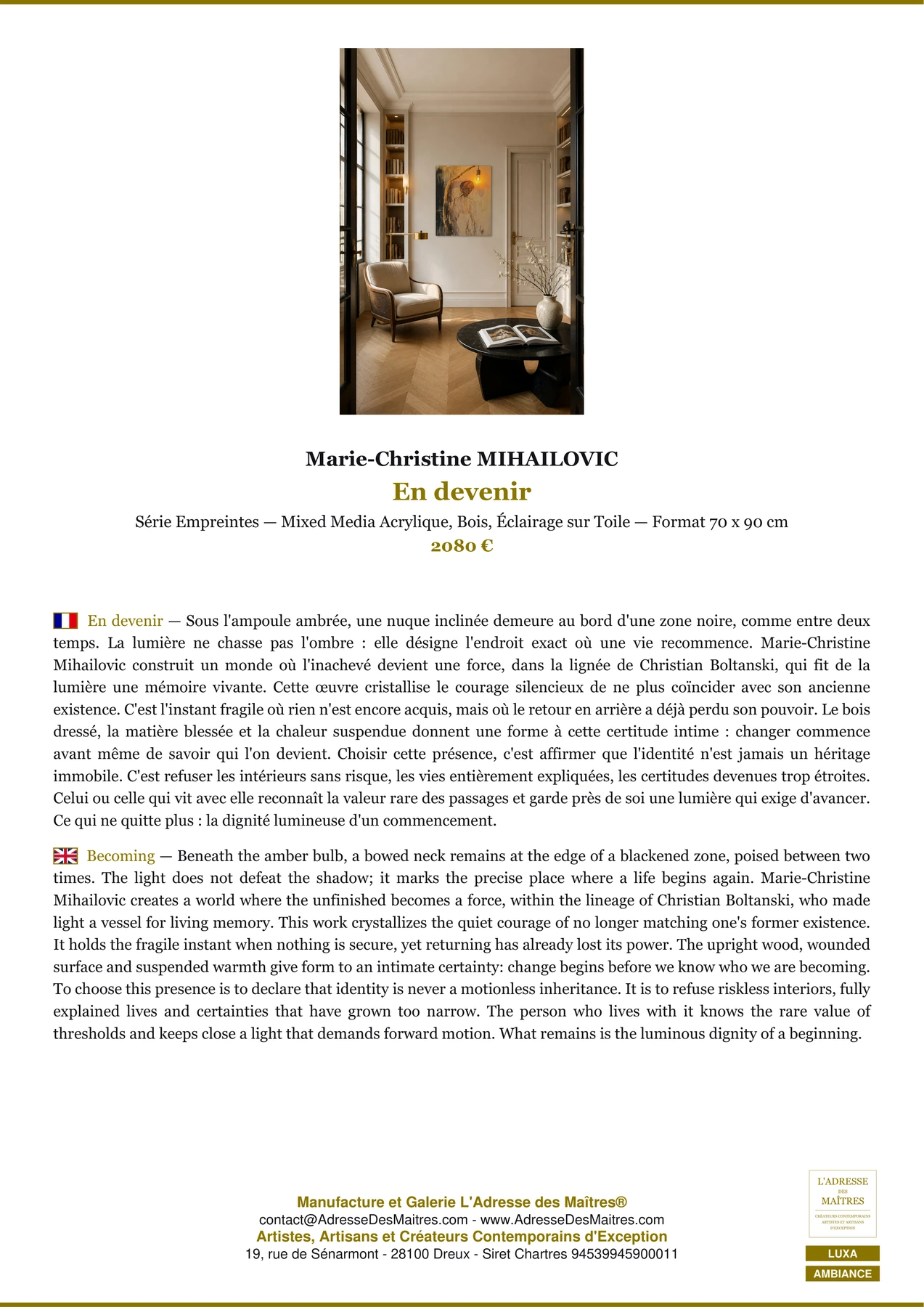 Fiche Premium Ambiance - En devenir - Marie-Christine MIHAILOVIC - L'Adresse des Maîtres®
