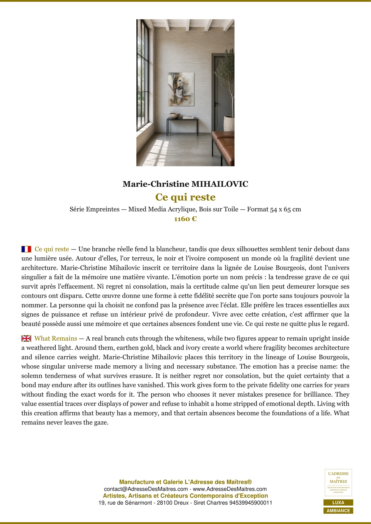 Fiche Premium Ambiance - Ce qui reste - Marie-Christine MIHAILOVIC - L'Adresse des Maîtres®