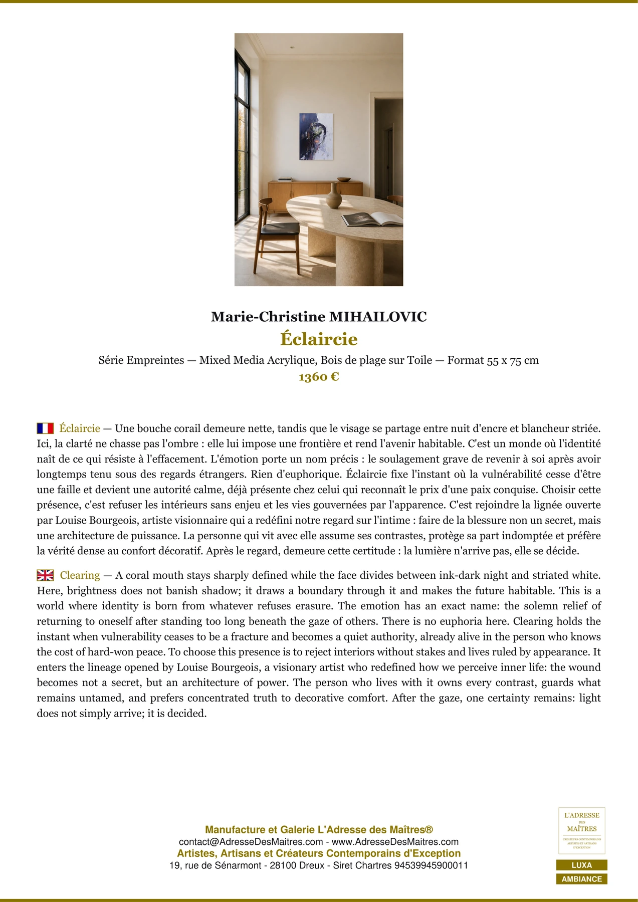 Fiche Premium Ambiance - Éclaircie - Marie-Christine MIHAILOVIC - L'Adresse des Maîtres®
