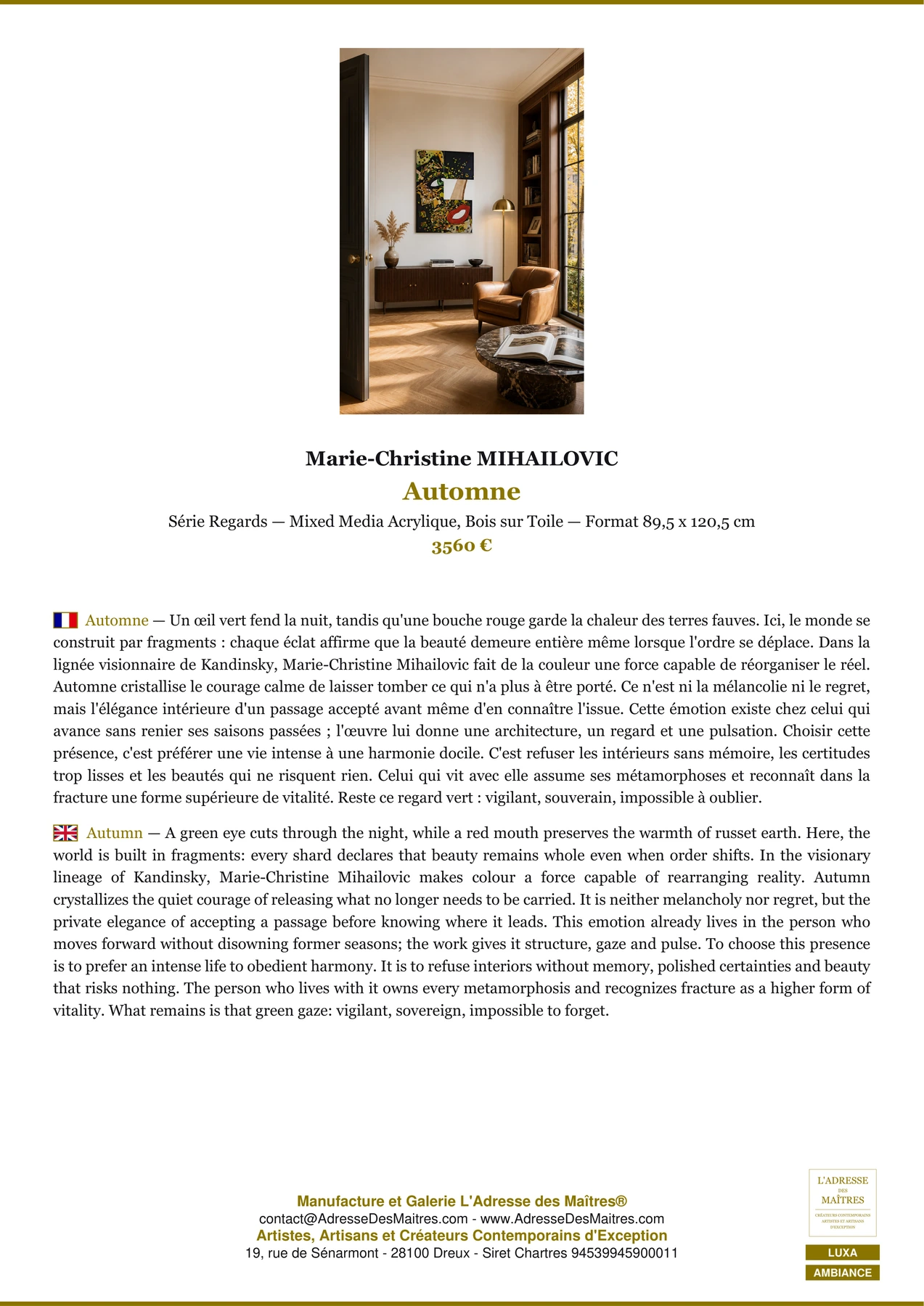 Fiche Premium Ambiance - Automne - Marie-Christine MIHAILOVIC - L'Adresse des Maîtres®