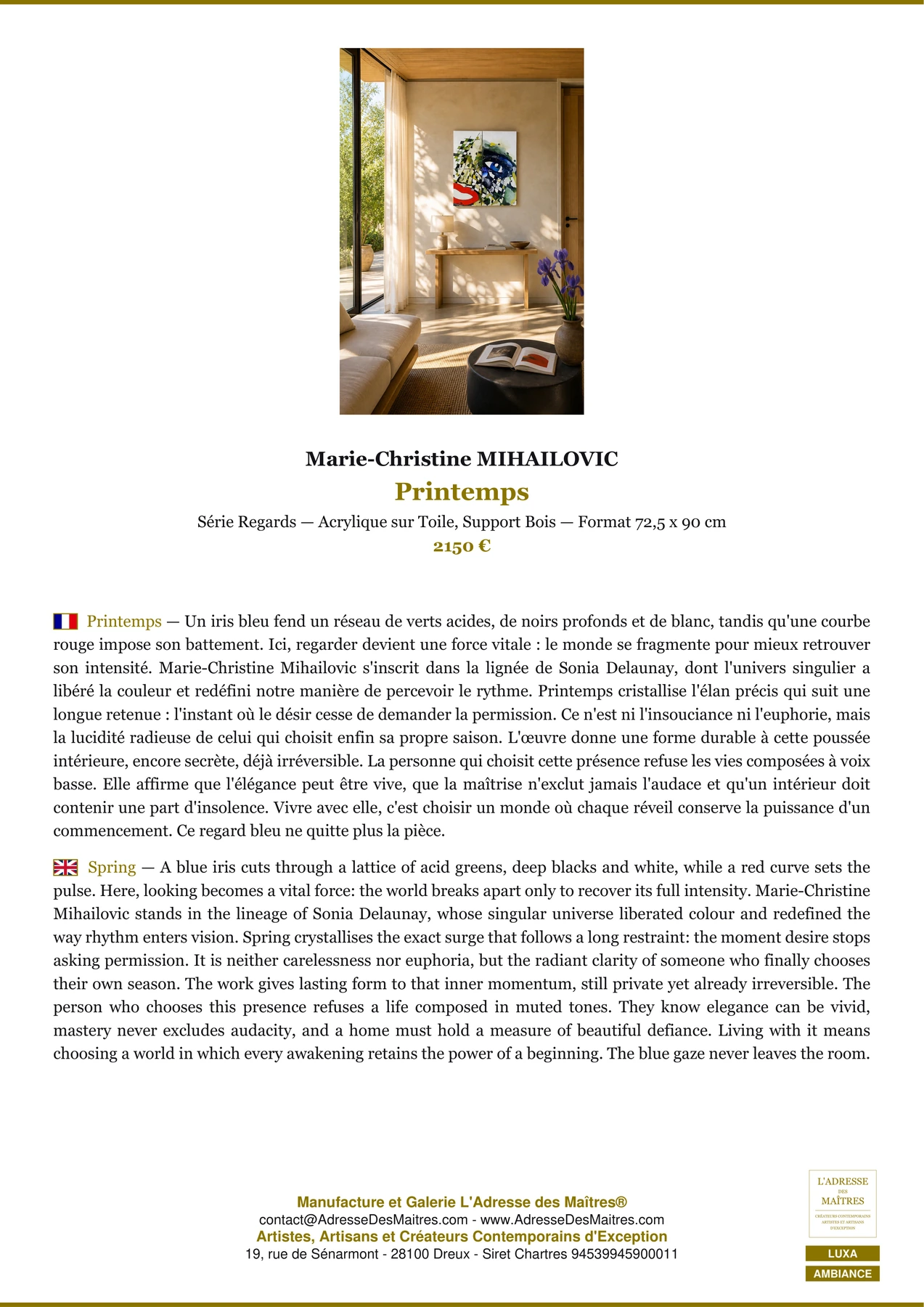 Fiche Premium Ambiance - Printemps - Marie-Christine MIHAILOVIC - L'Adresse des Maîtres®