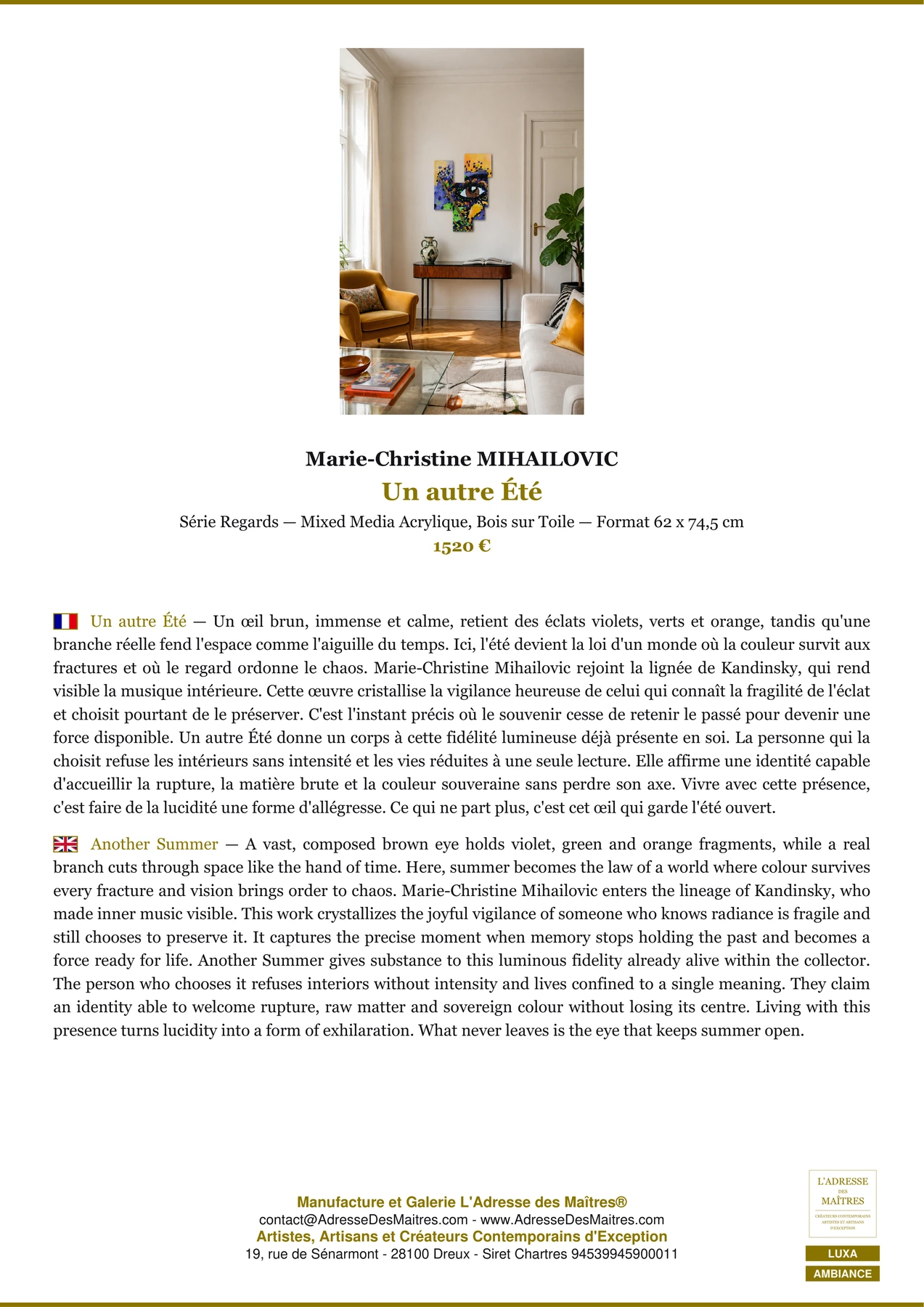 Fiche Premium Ambiance - Un autre Été - Marie-Christine MIHAILOVIC - L'Adresse des Maîtres®
