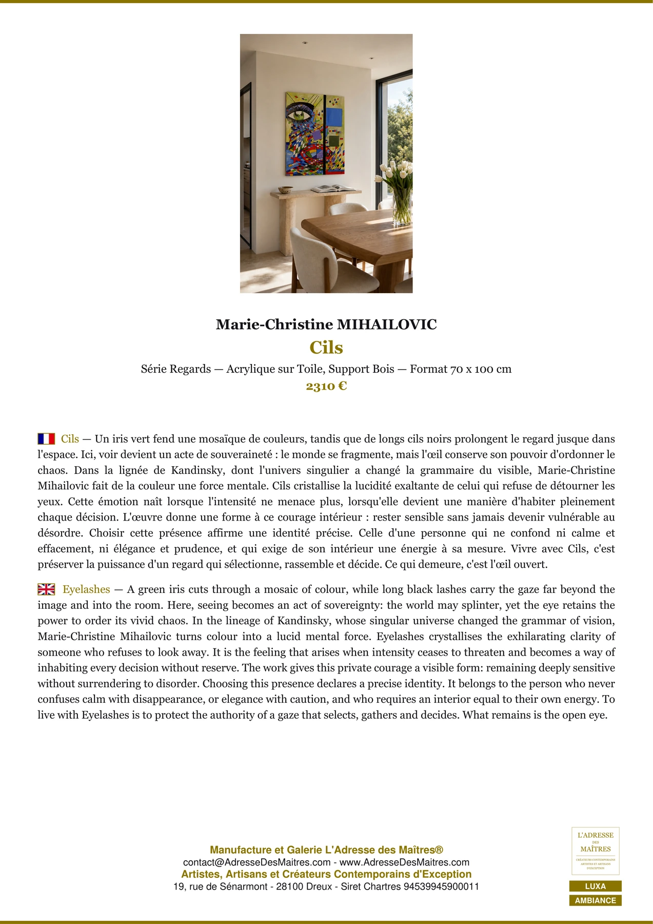 Fiche Premium Ambiance - Cils - Marie-Christine MIHAILOVIC - L'Adresse des Maîtres®