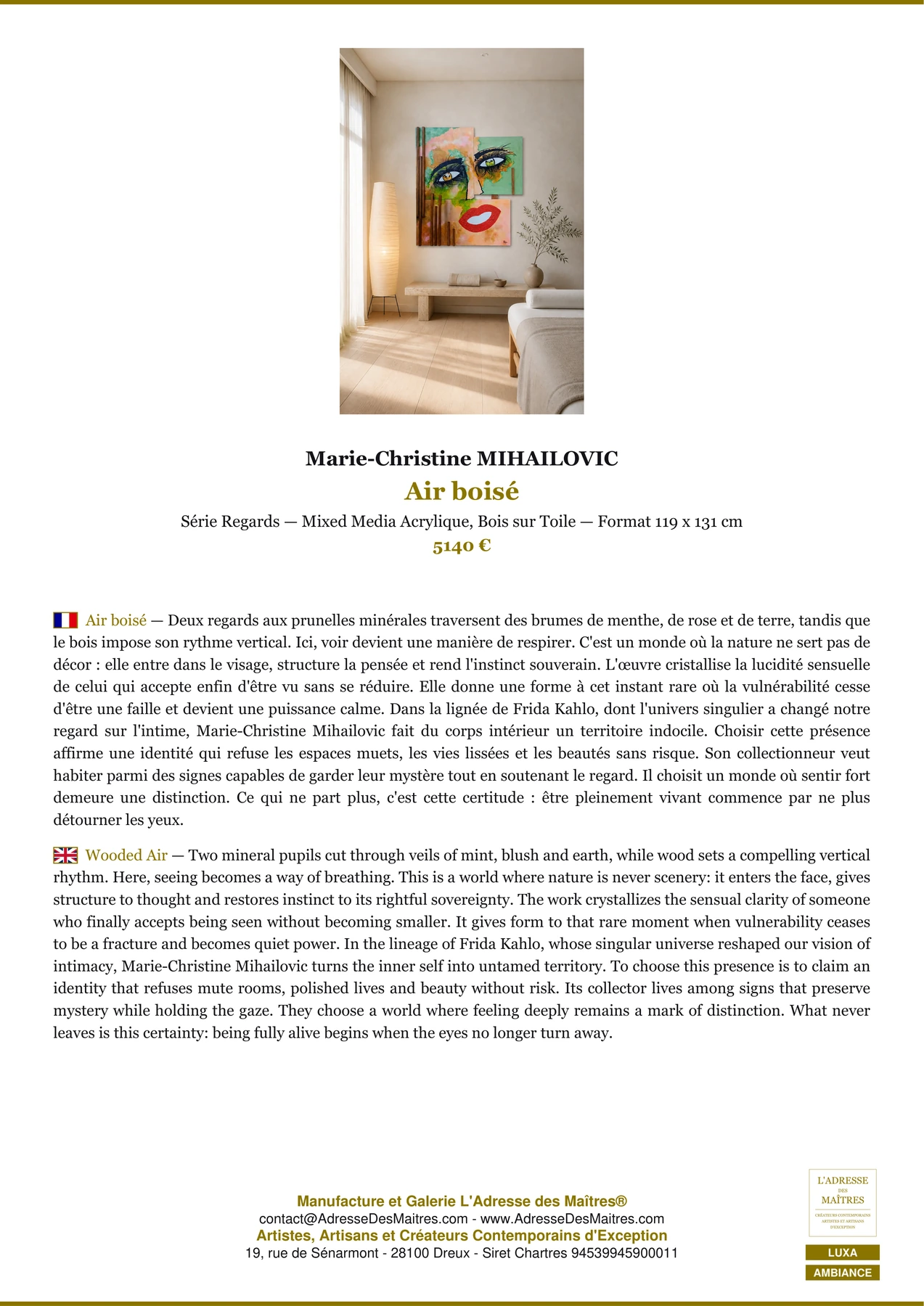 Fiche Premium Ambiance - Air boisé - Marie-Christine MIHAILOVIC - L'Adresse des Maîtres®