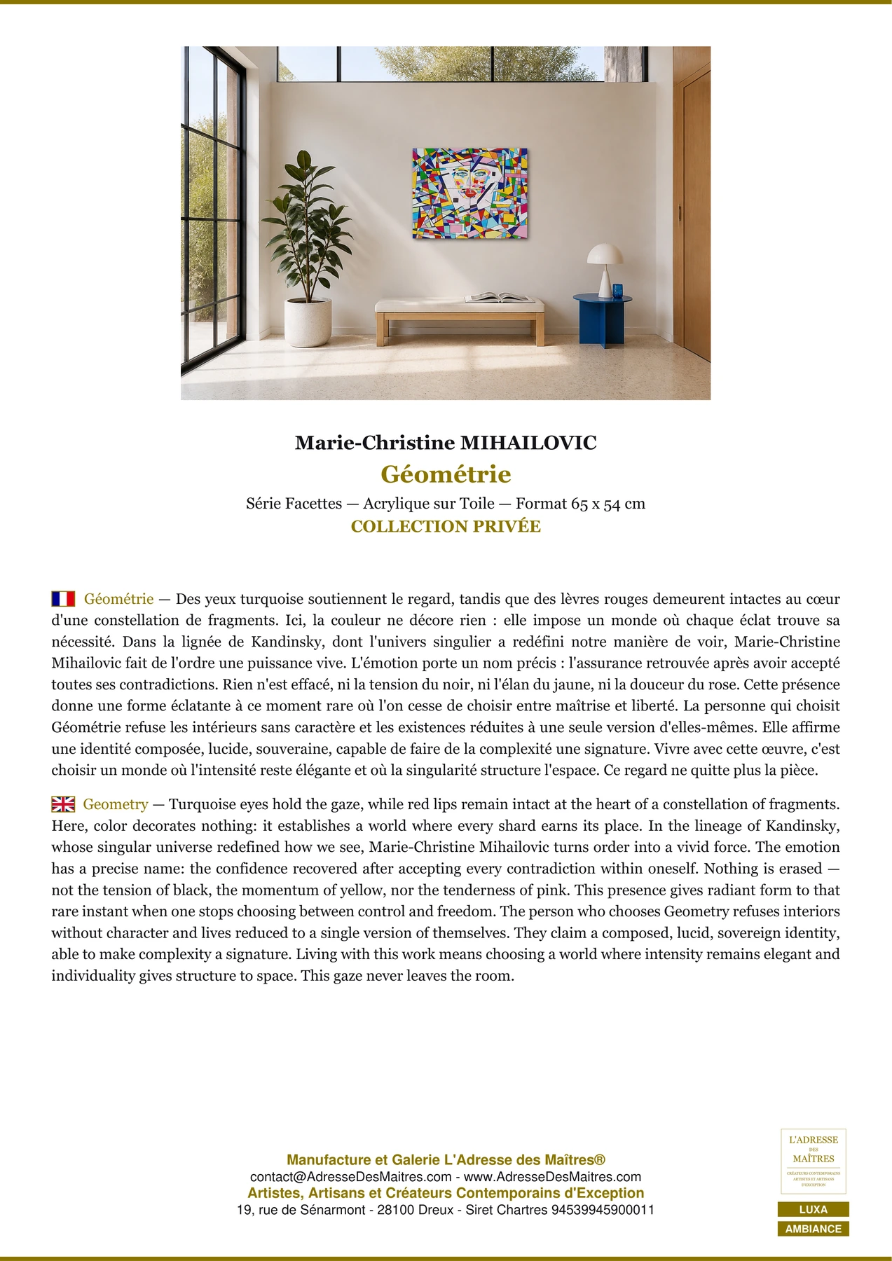 Fiche Premium Ambiance - Géométrie - Marie-Christine MIHAILOVIC - L'Adresse des Maîtres®