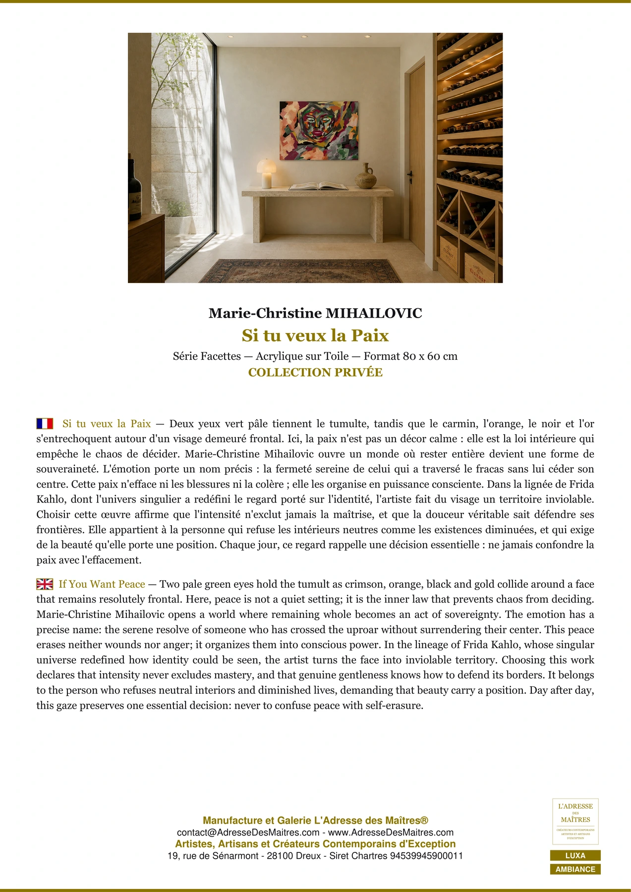 Fiche Premium Ambiance - Si tu veux la Paix - Marie-Christine MIHAILOVIC - L'Adresse des Maîtres®