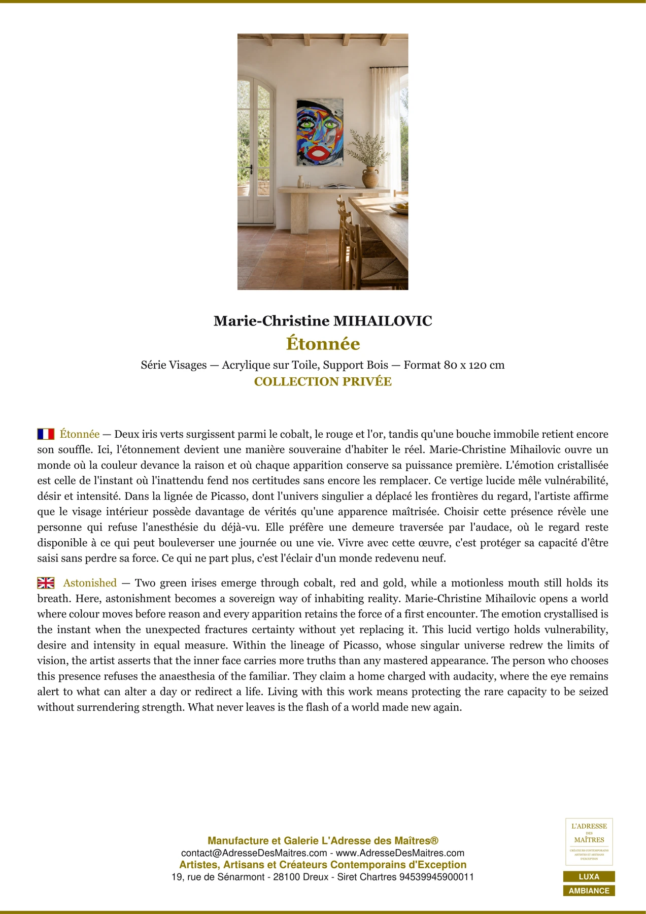 Fiche Premium Ambiance - Étonnée - Marie-Christine MIHAILOVIC - L'Adresse des Maîtres®