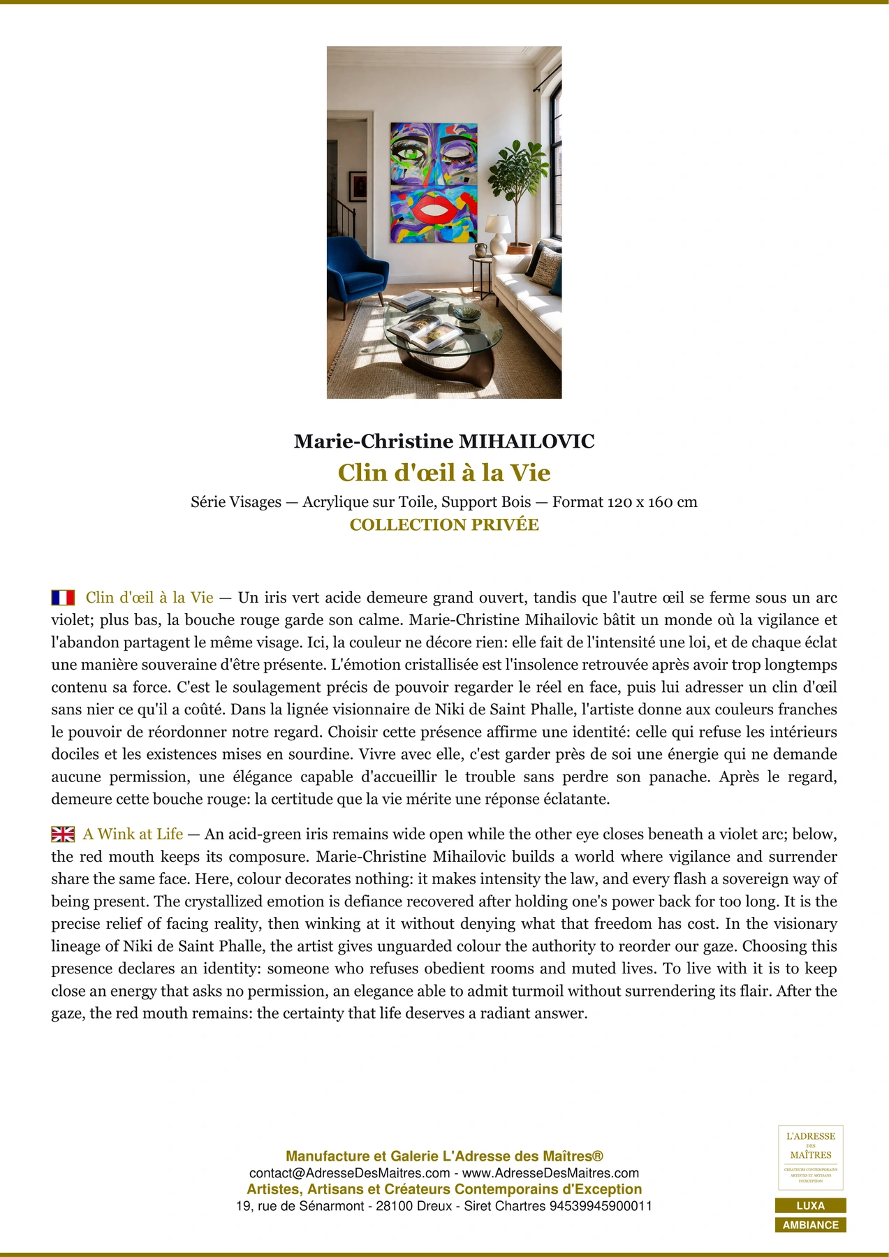 Fiche Premium Ambiance - Clin d'œil à la Vie - Marie-Christine MIHAILOVIC - L'Adresse des Maîtres®