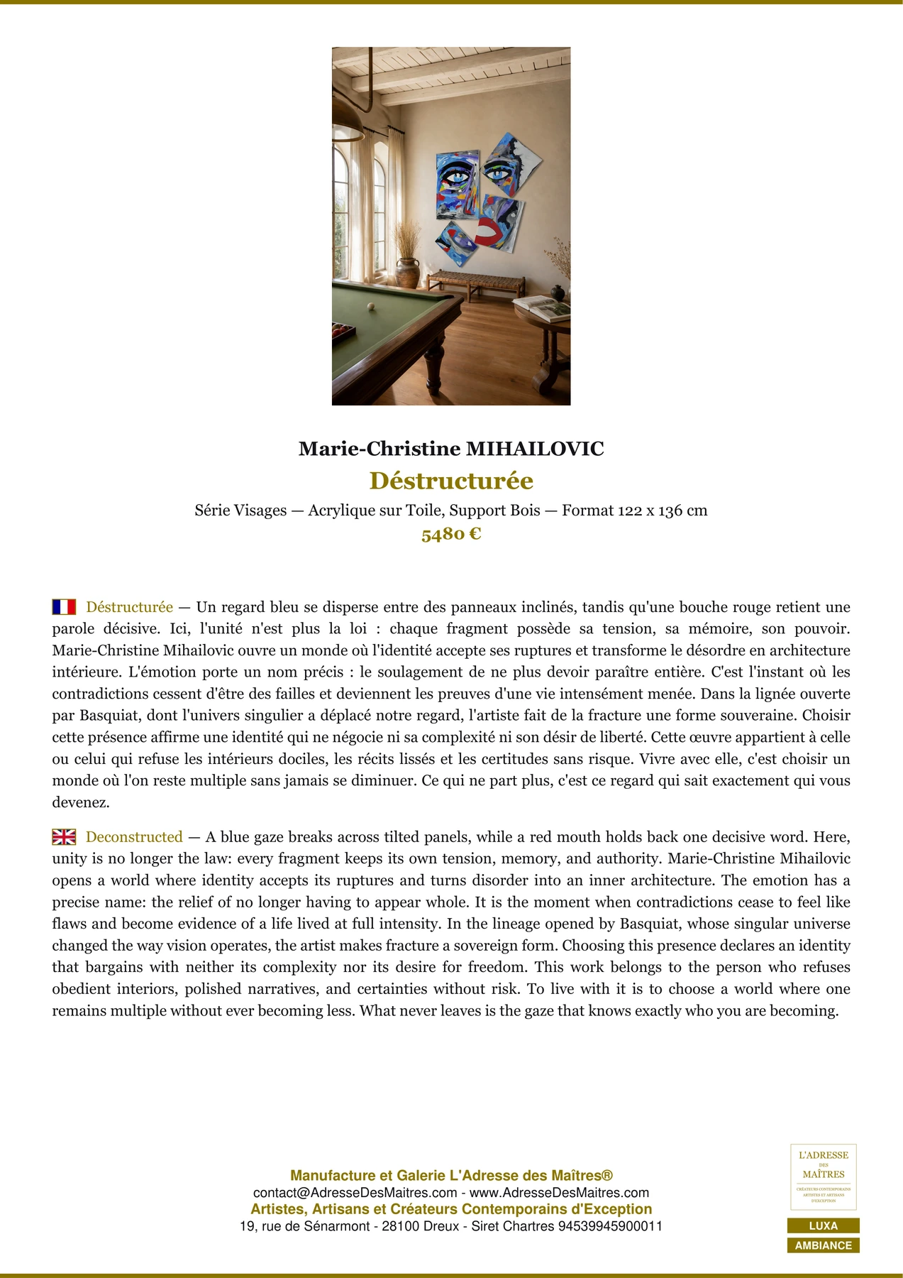 Fiche Premium Ambiance - Déstructurée - Marie-Christine MIHAILOVIC - L'Adresse des Maîtres®