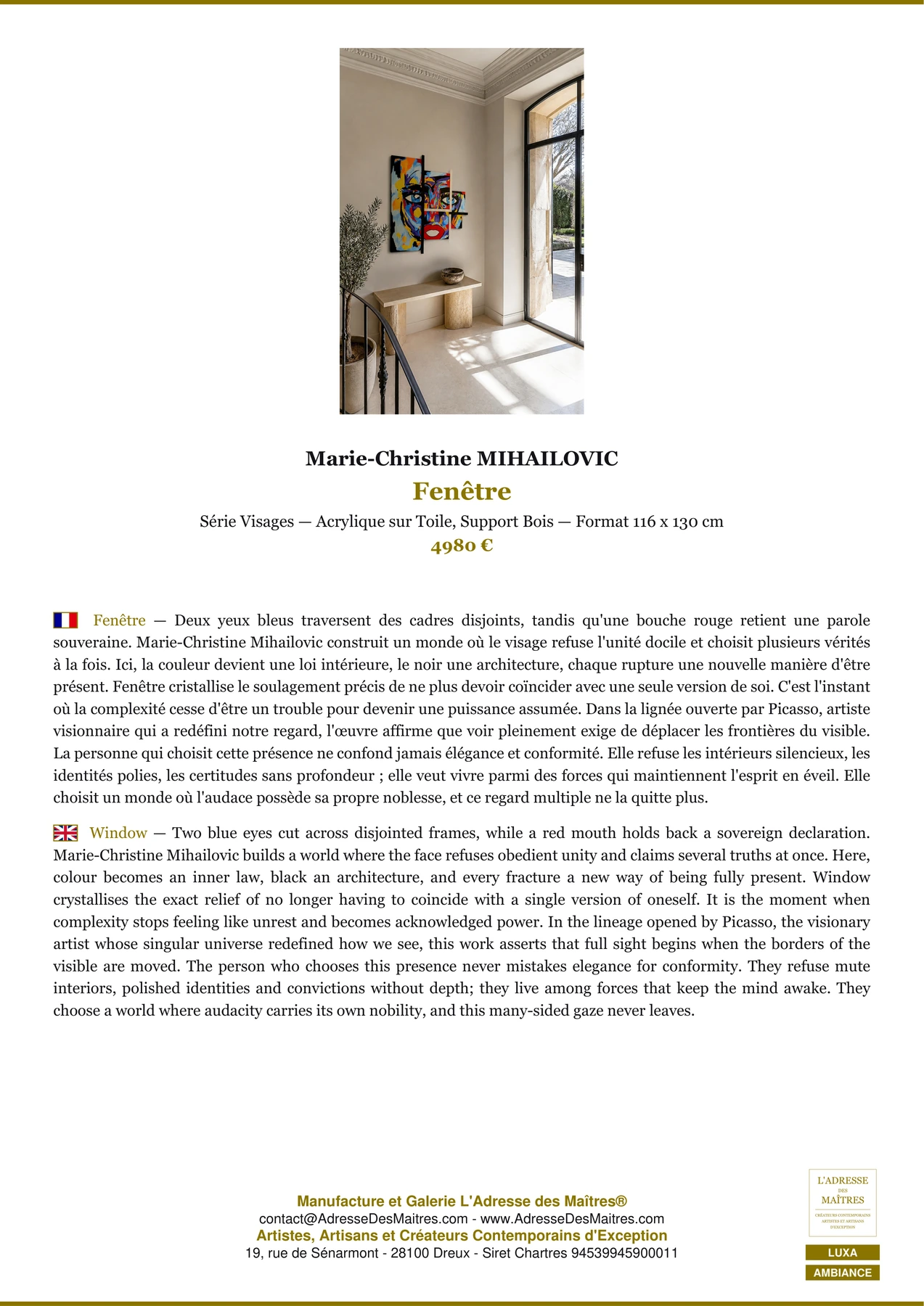 Fiche Premium Ambiance - Fenêtre - Marie-Christine MIHAILOVIC - L'Adresse des Maîtres®