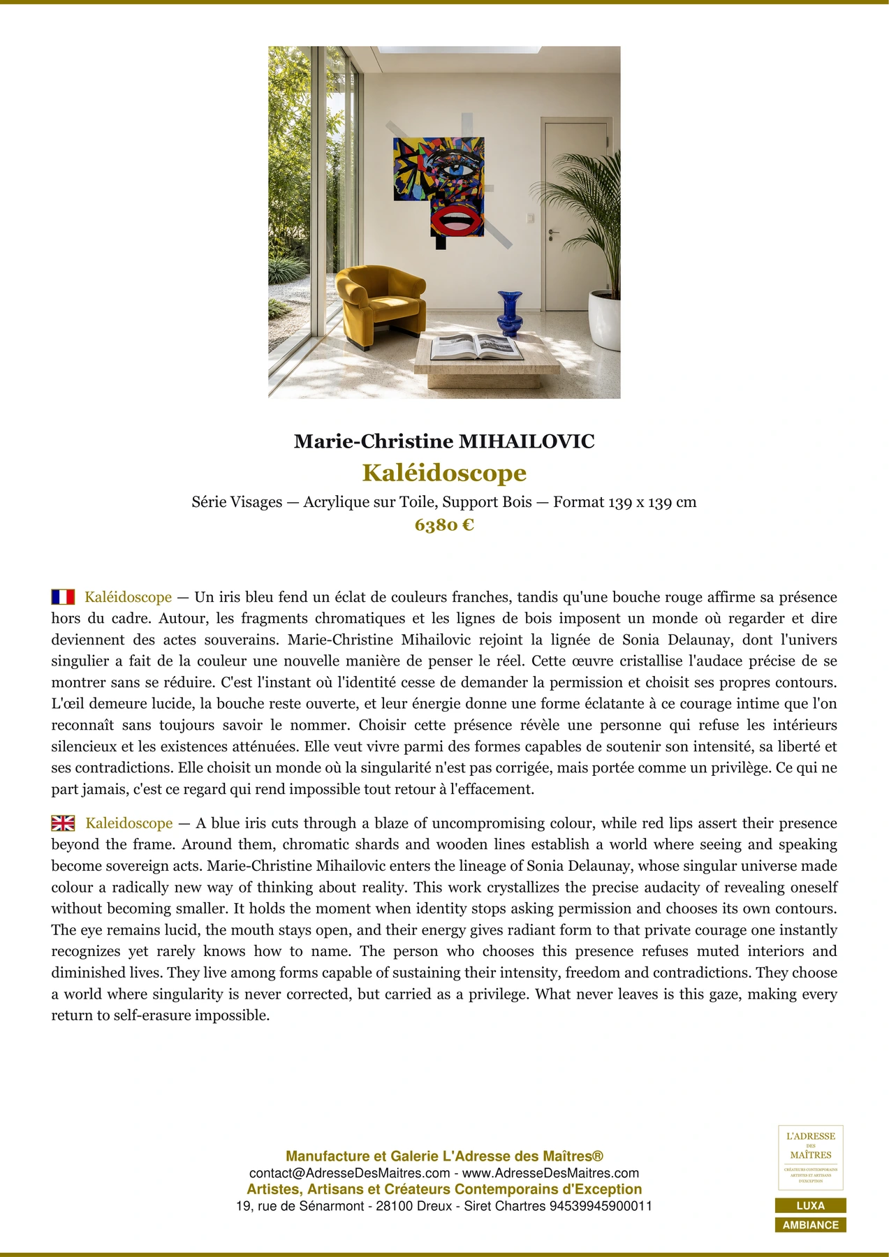 Fiche Premium Ambiance - Kaléidoscope - Marie-Christine MIHAILOVIC - L'Adresse des Maîtres®