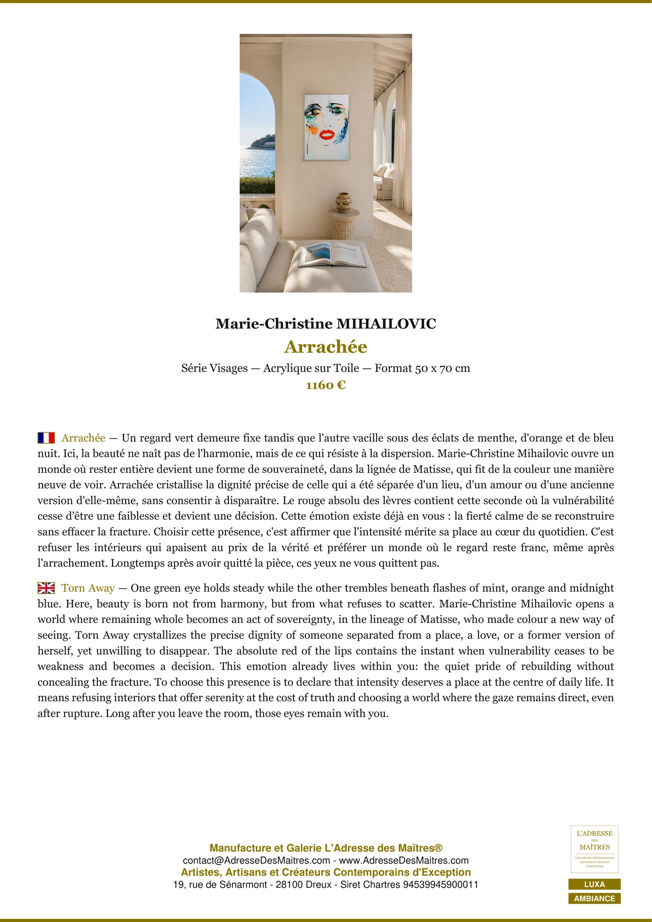 Fiche Premium Ambiance - Arrachée - Marie-Christine MIHAILOVIC - L'Adresse des Maîtres®