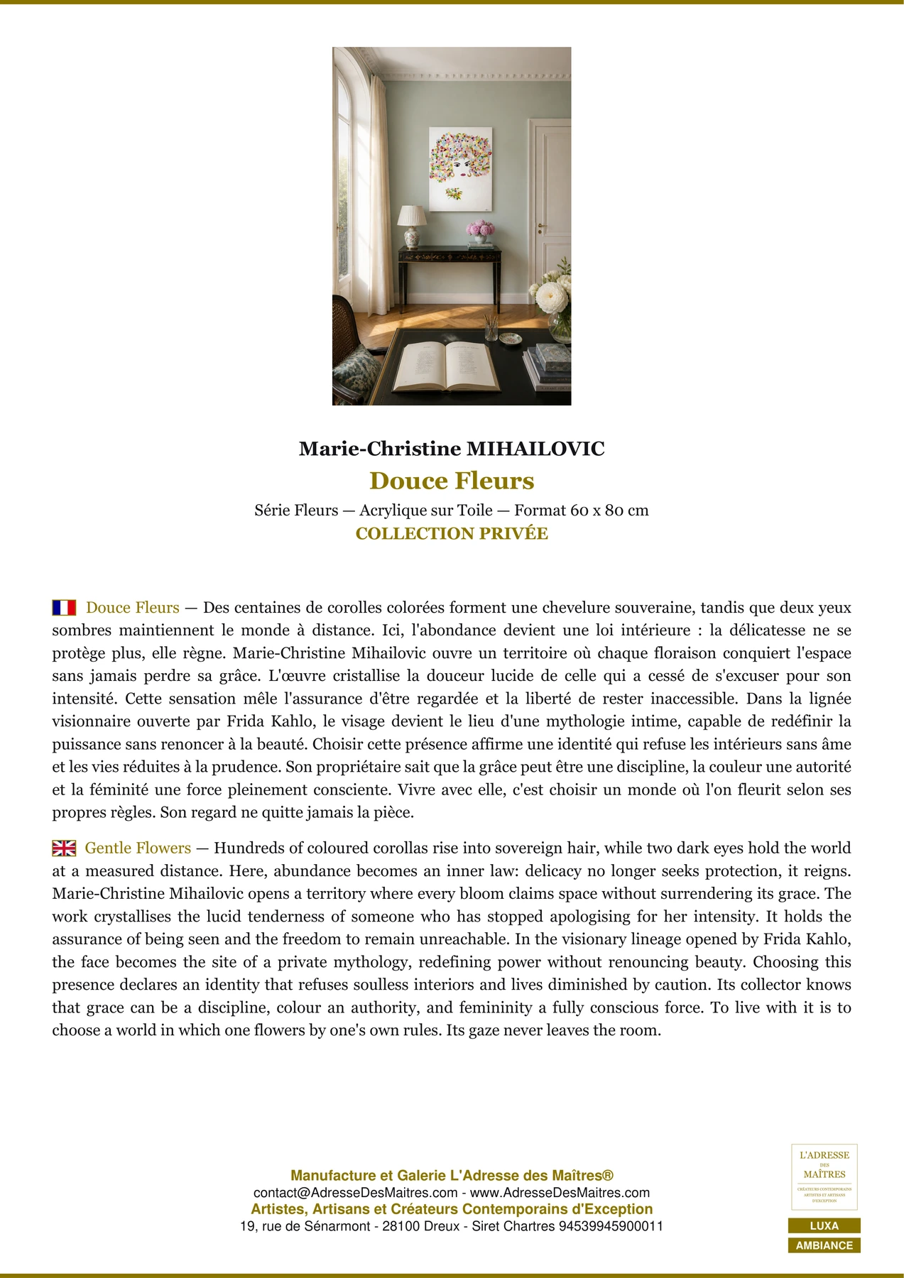 Fiche Premium Ambiance - Douce Fleurs - Marie-Christine MIHAILOVIC - L'Adresse des Maîtres®