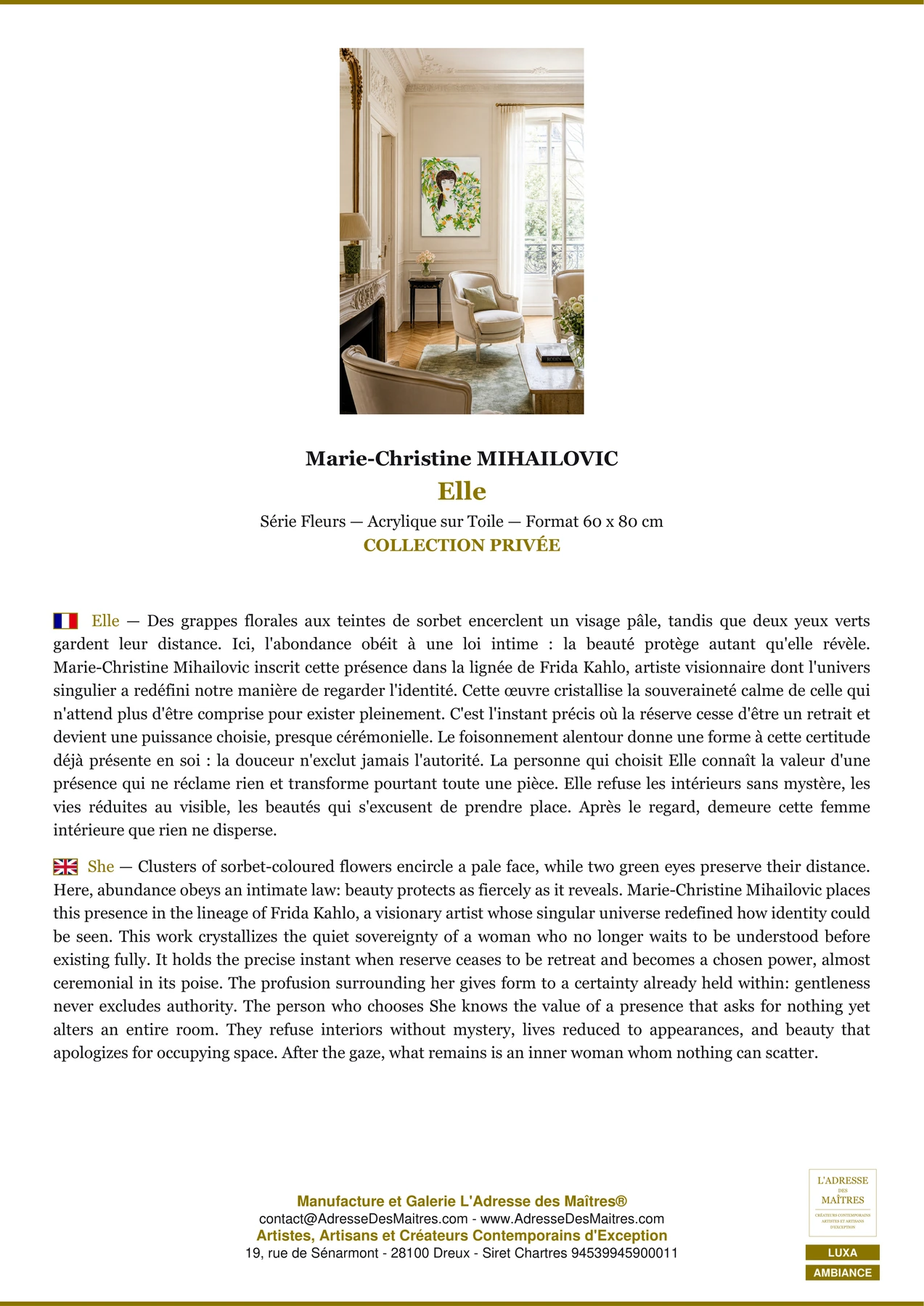 Fiche Premium Ambiance - Elle - Marie-Christine MIHAILOVIC - L'Adresse des Maîtres®