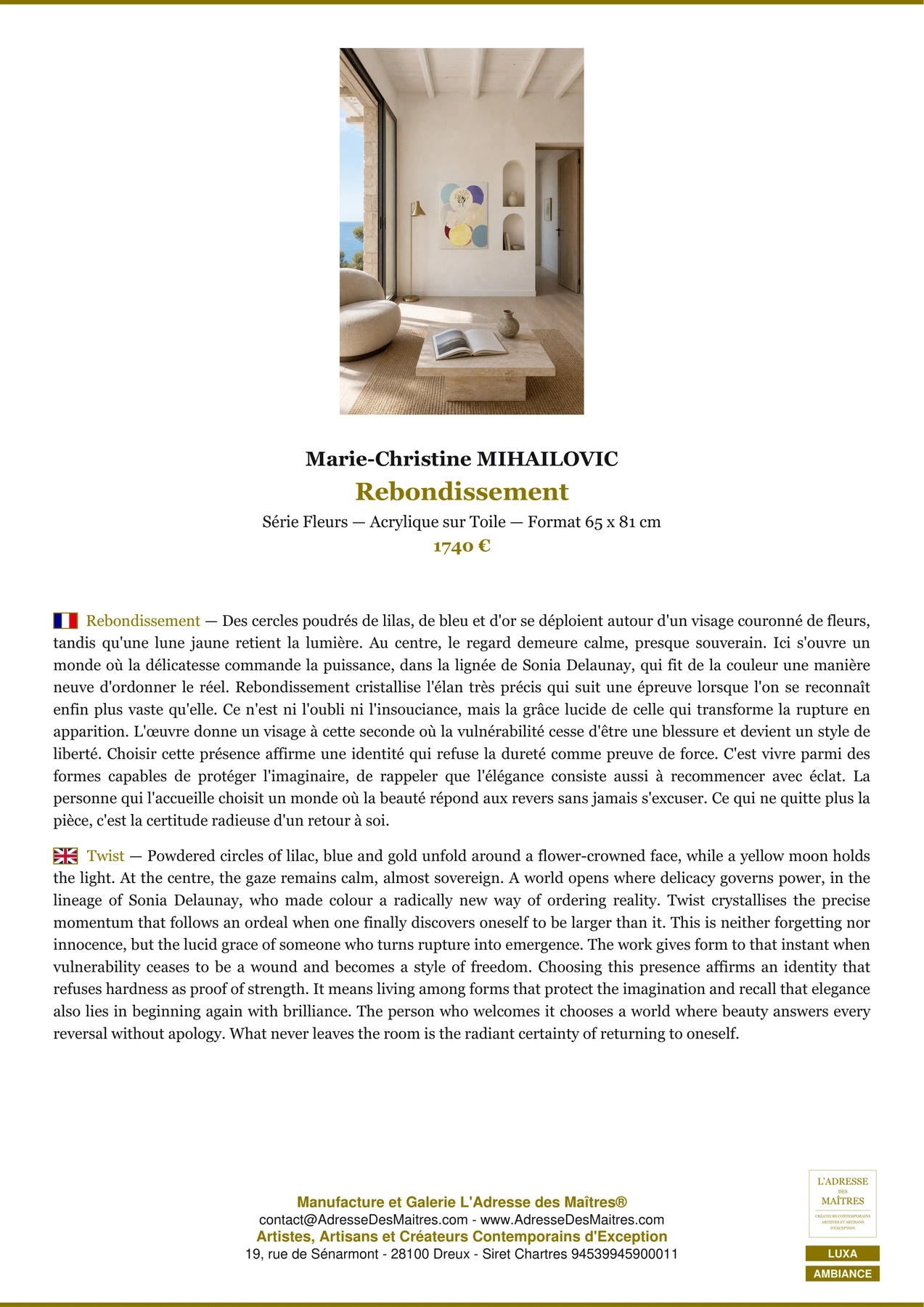Fiche Premium Ambiance - Rebondissement - Marie-Christine MIHAILOVIC - L'Adresse des Maîtres®