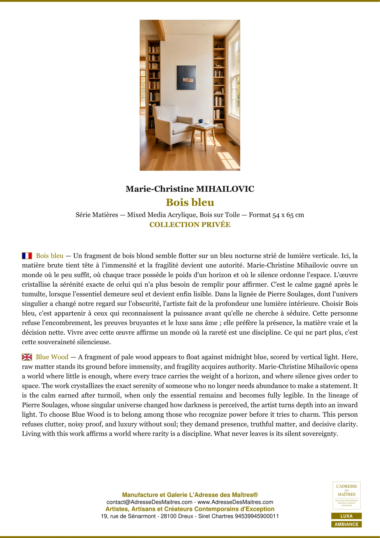 Fiche Premium Ambiance - Bois bleu - Marie-Christine MIHAILOVIC - L'Adresse des Maîtres®