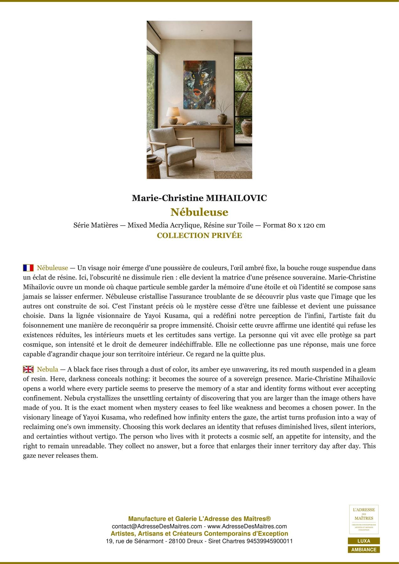 Fiche Premium Ambiance - Nébuleuse - Marie-Christine MIHAILOVIC - L'Adresse des Maîtres®