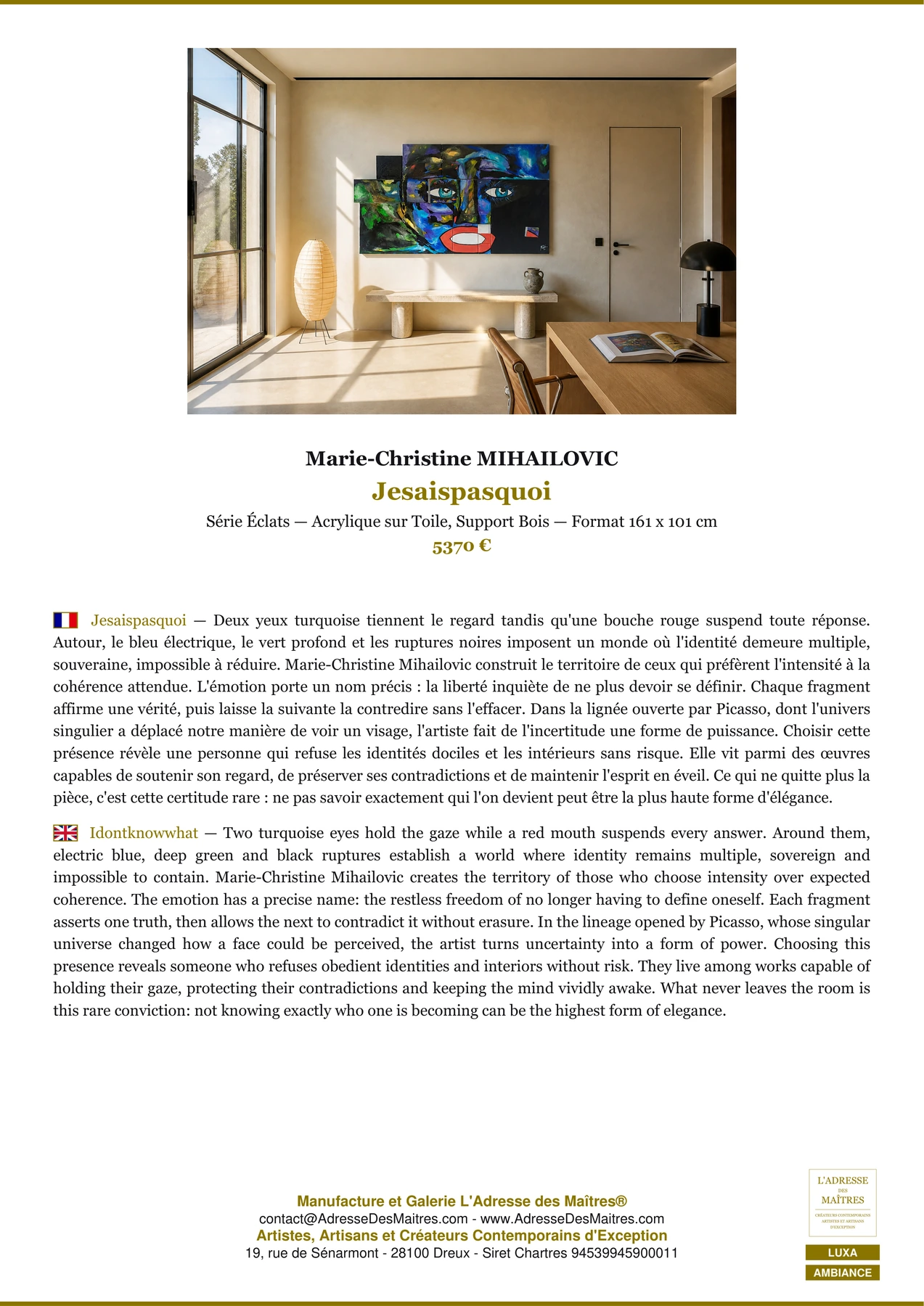 Fiche Premium Ambiance - Jesaispasquoi - Marie-Christine MIHAILOVIC - L'Adresse des Maîtres®