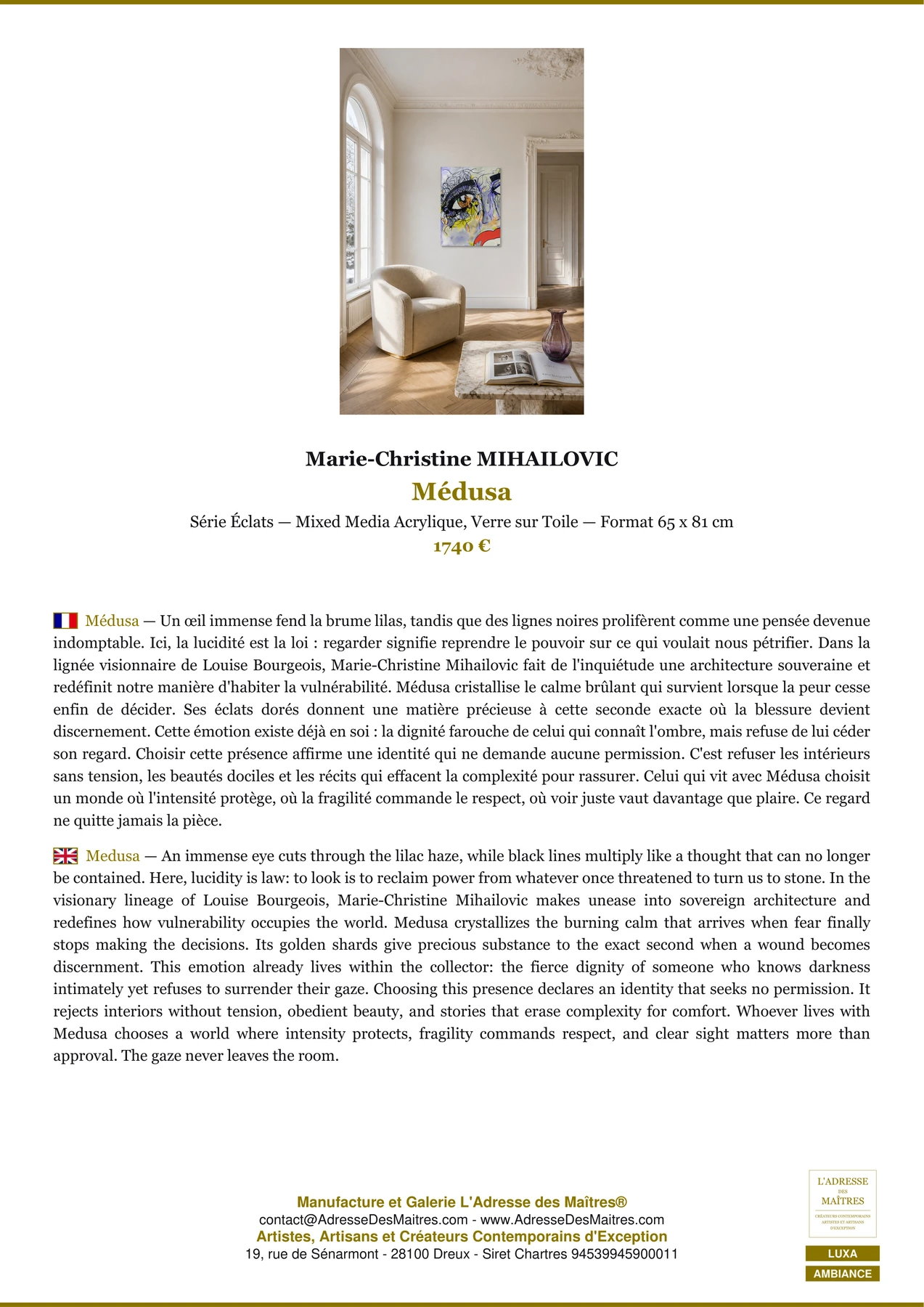Fiche Premium Ambiance - Médusa - Marie-Christine MIHAILOVIC - L'Adresse des Maîtres®
