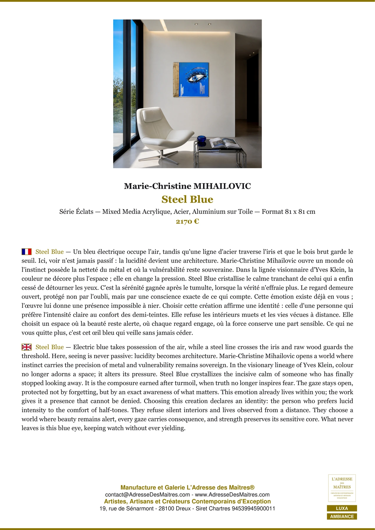 Fiche Premium Ambiance - Steel Blue - Marie-Christine MIHAILOVIC - L'Adresse des Maîtres®