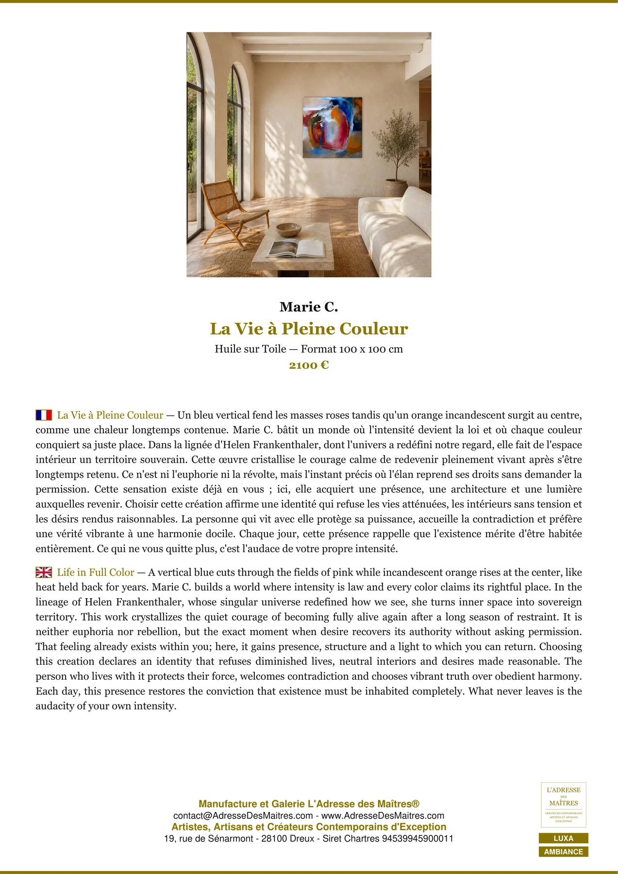 Fiche Premium Ambiance - La Vie à Pleine Couleur - Marie C. - L'Adresse des Maîtres®