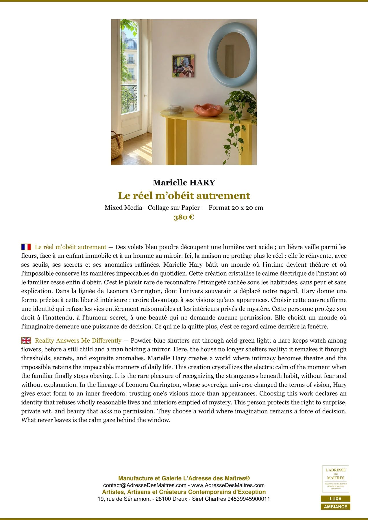 Fiche Premium Ambiance - Le réel m’obéit autrement - Marielle HARY - L'Adresse des Maîtres®