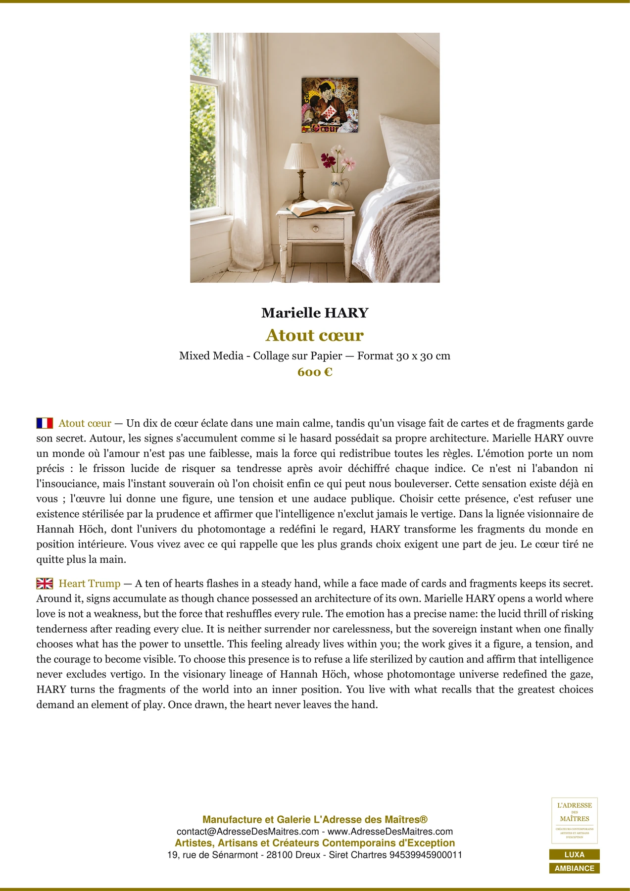 Fiche Premium Ambiance - Atout cœur - Marielle HARY - L'Adresse des Maîtres®
