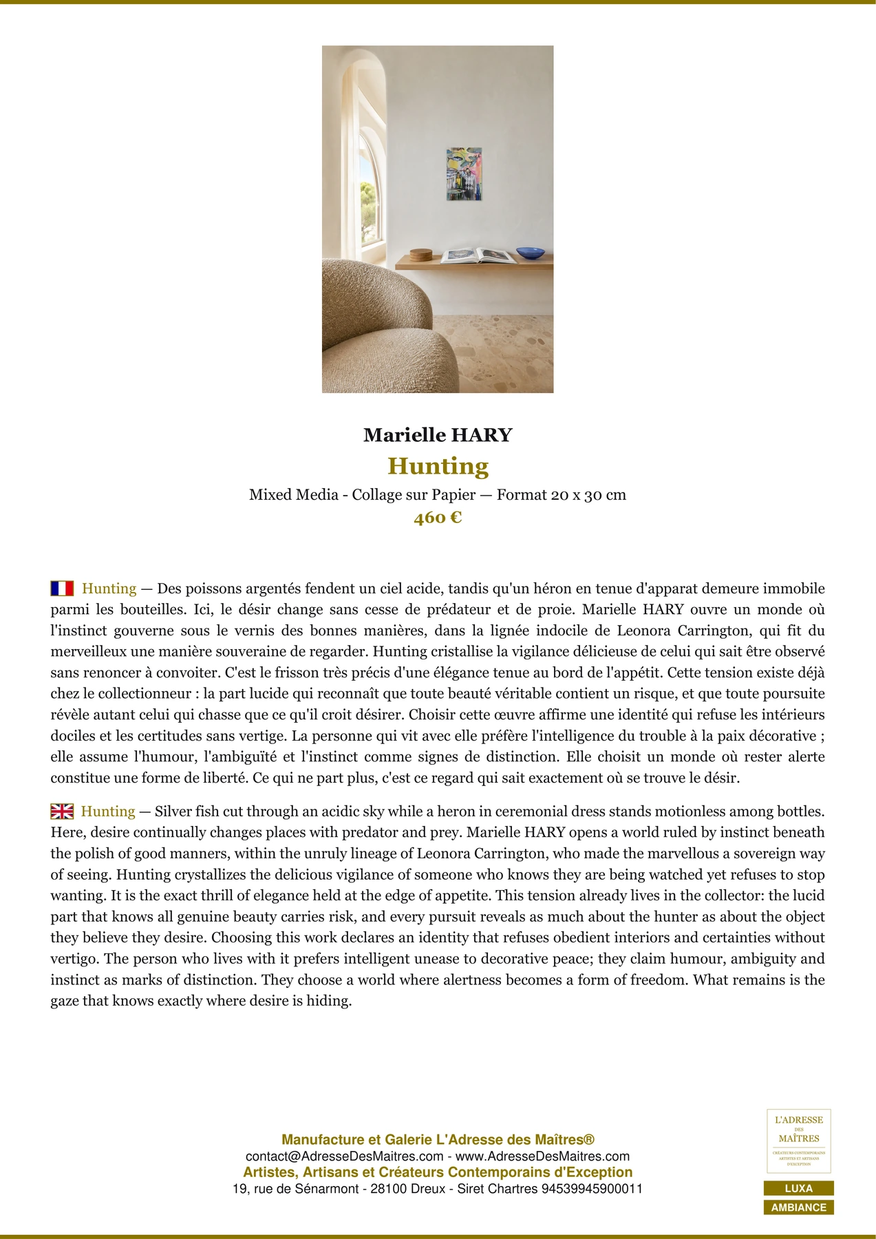 Fiche Premium Ambiance - Hunting - Marielle HARY - L'Adresse des Maîtres®